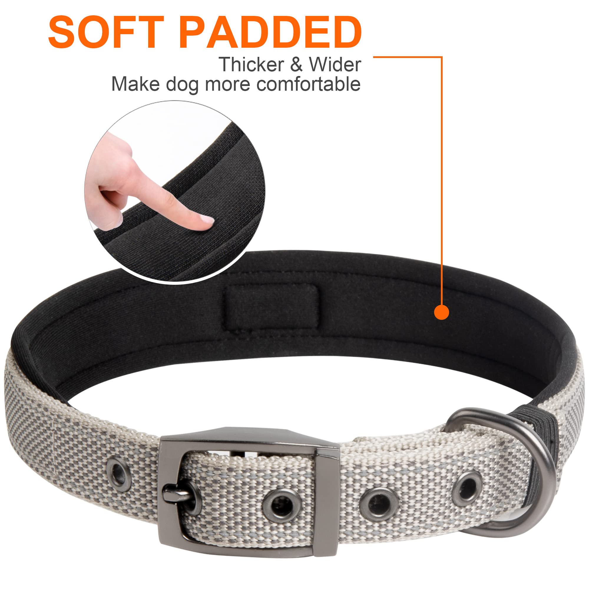 Fida Heavy Duty Dog Collar, Ultra Comfortable Soft Neoprene Padded, Adjustable Reflective Nylon Pet Collar With Durable Metal Belt Buckle For Medium Breeds (M, Grey)