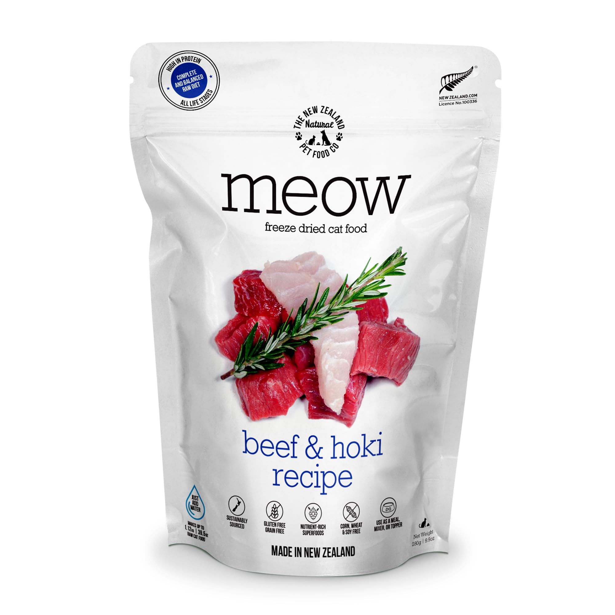 The New Zealand Natural Pet Food Co. Meow Freeze Dried Cat Food - Beef & Hoki Recipe, High Protein Cat Treats, Meals & Toppers, 