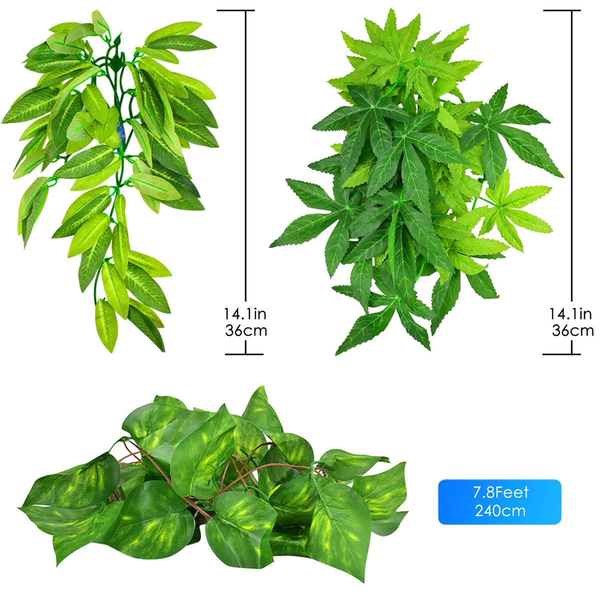 KATUMO Reptile Plants, 3PCS Amphibian Hanging Plants with Suction Cup for Lizards, Geckos, Bearded Dragons, Snake, Hermit Crab T