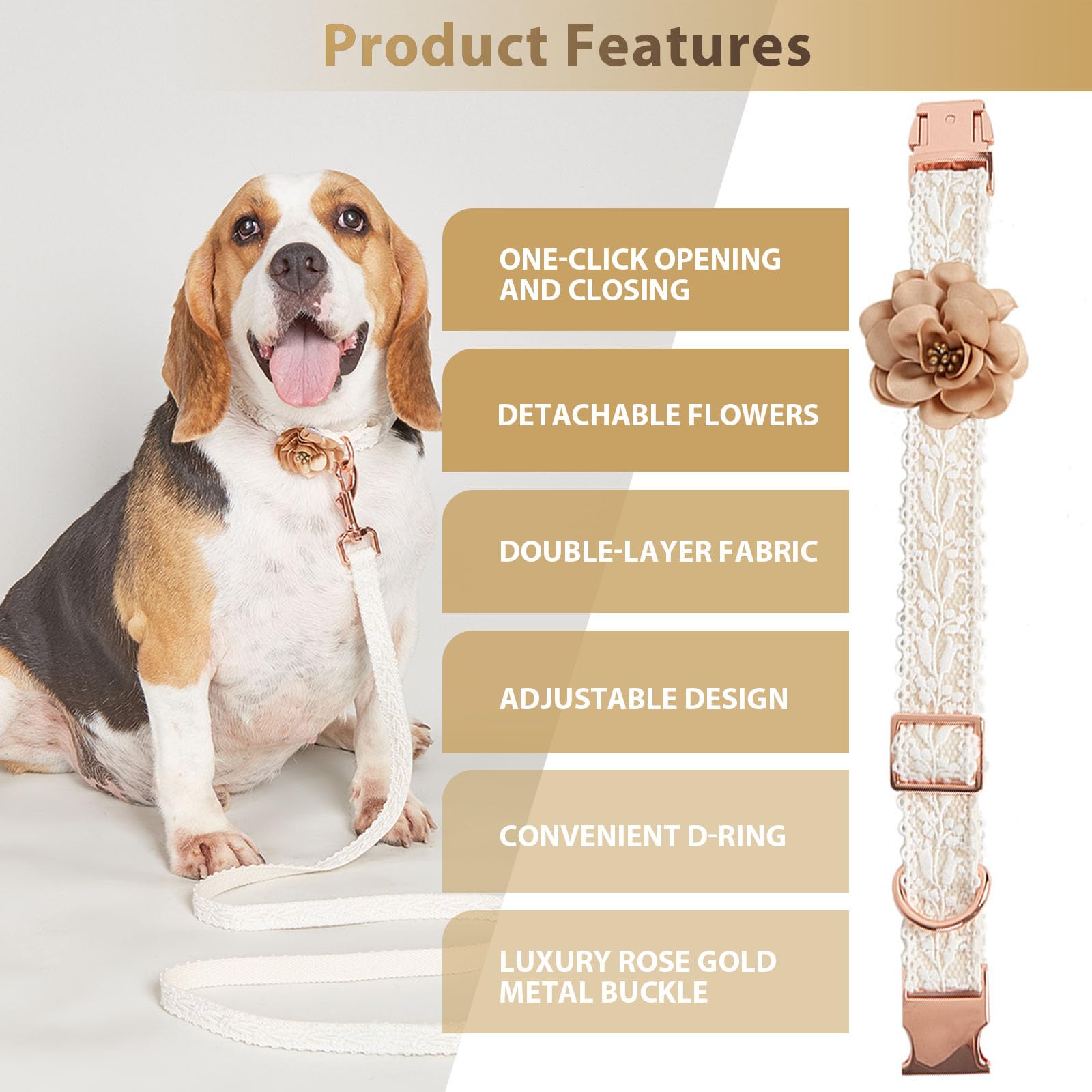 Hqrea Beige Dog Collar And Leash Set Adjustable Lace Dog Collar For Large Dogs With Flowers & Rose Gold Metal Clasp For Pet Wedd