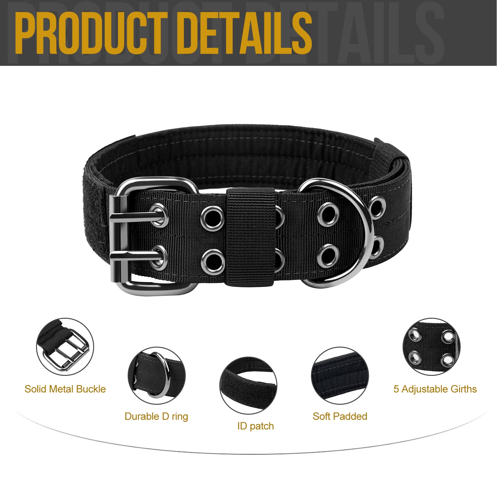 Onetigris Military Adjustable Dog Collar With Metal D Ring & Buckle 2 Sizes (Black, L)