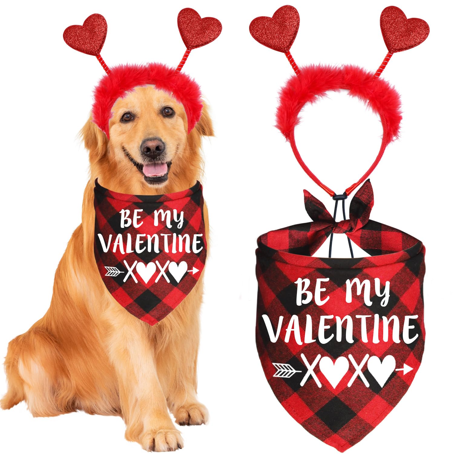 JOTFA Valentines Dog Bandanas Costumes, Valentines Dog Outfits Heart Headband Bandanas for Small Medium Large Dogs (Red, Be My V