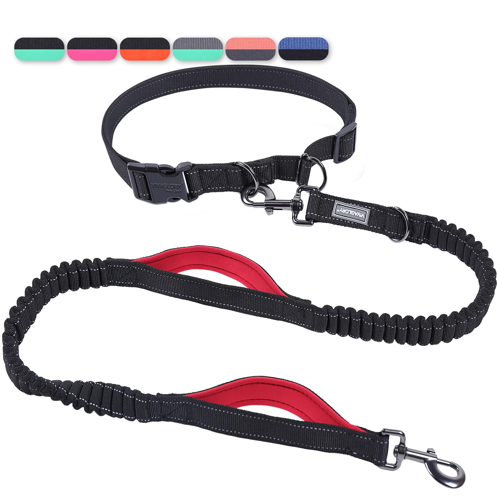 Vivaglory Hands Free Dog Running Leash With Dual Advanced Anti-Shock Bungees And Padded Handles, Reflective Waist Jogging Leash With Adjustable Belt For Training For Medium Large Dogs, Black/Red