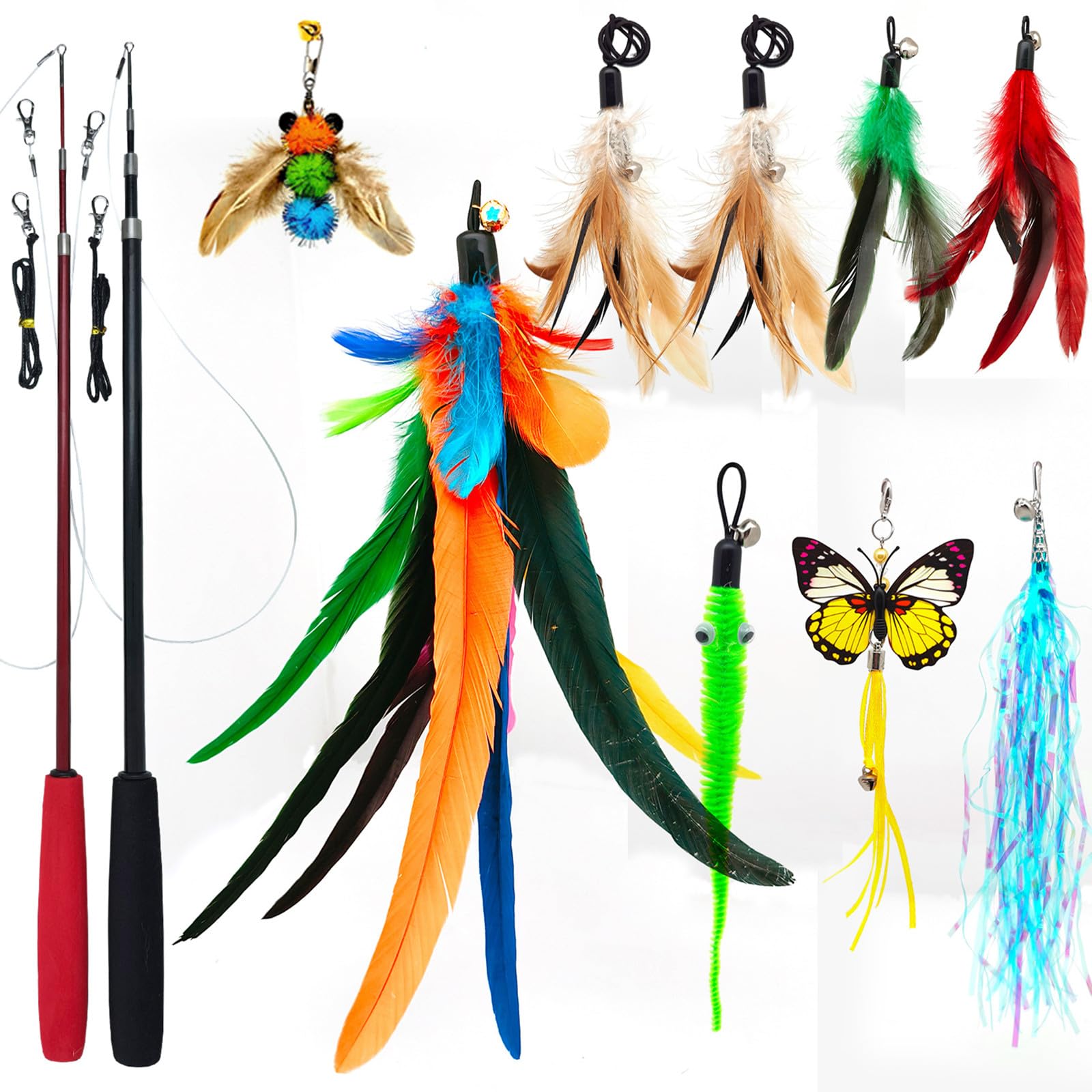 Miwoowim 2Pcs Ultra-Long Cat Teaser(50''+38'')+9Pcs Da Bird Feather Refills, Fishing Pole Toy,Interactive Toys -Retractable Cat 