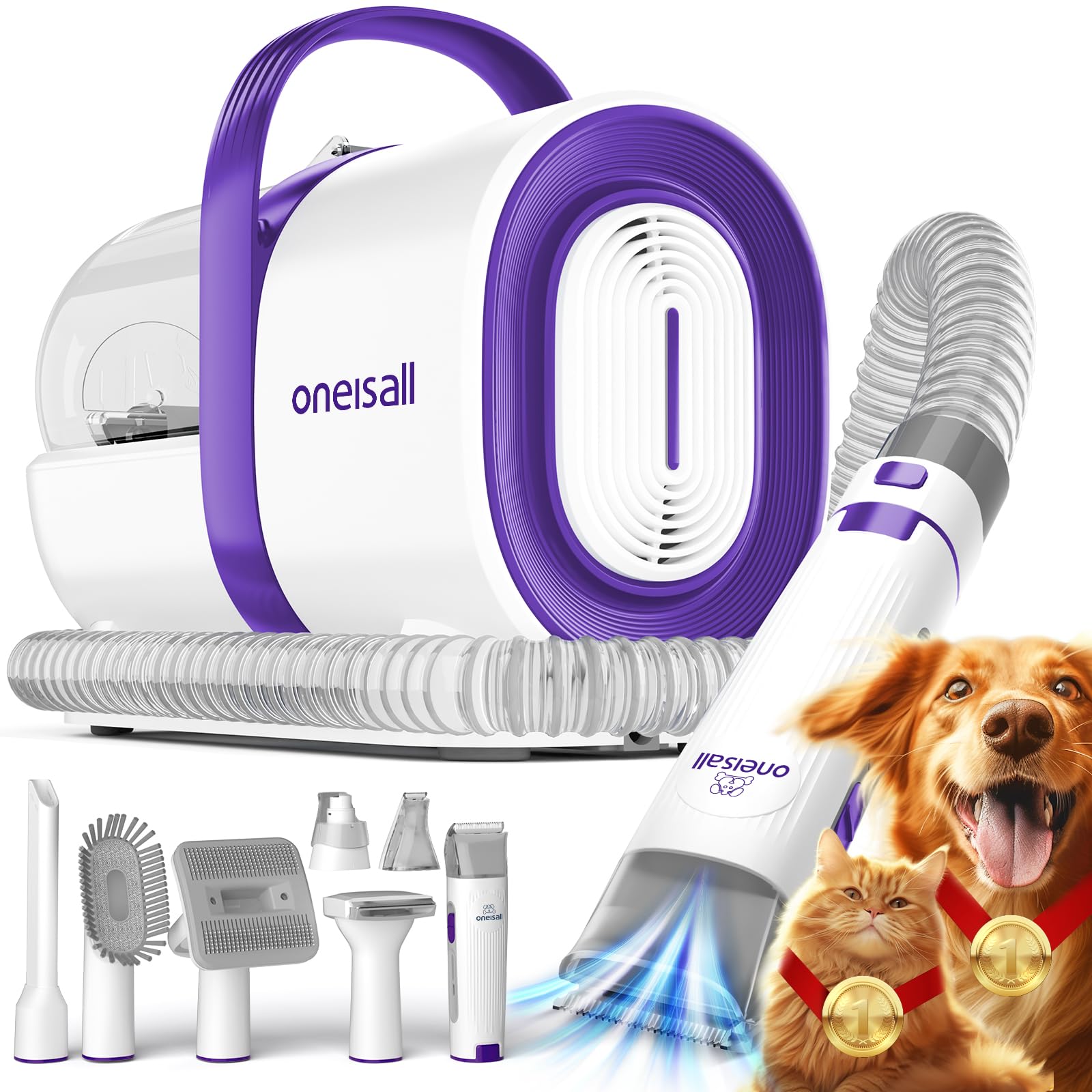 Oneisall Dog Hair Vacuum & Dog Grooming Kit, Pet Grooming Vacuum With Pet Clipper Nail Grinder, 1.5L Dust Cup Dog Brush Vacuum W