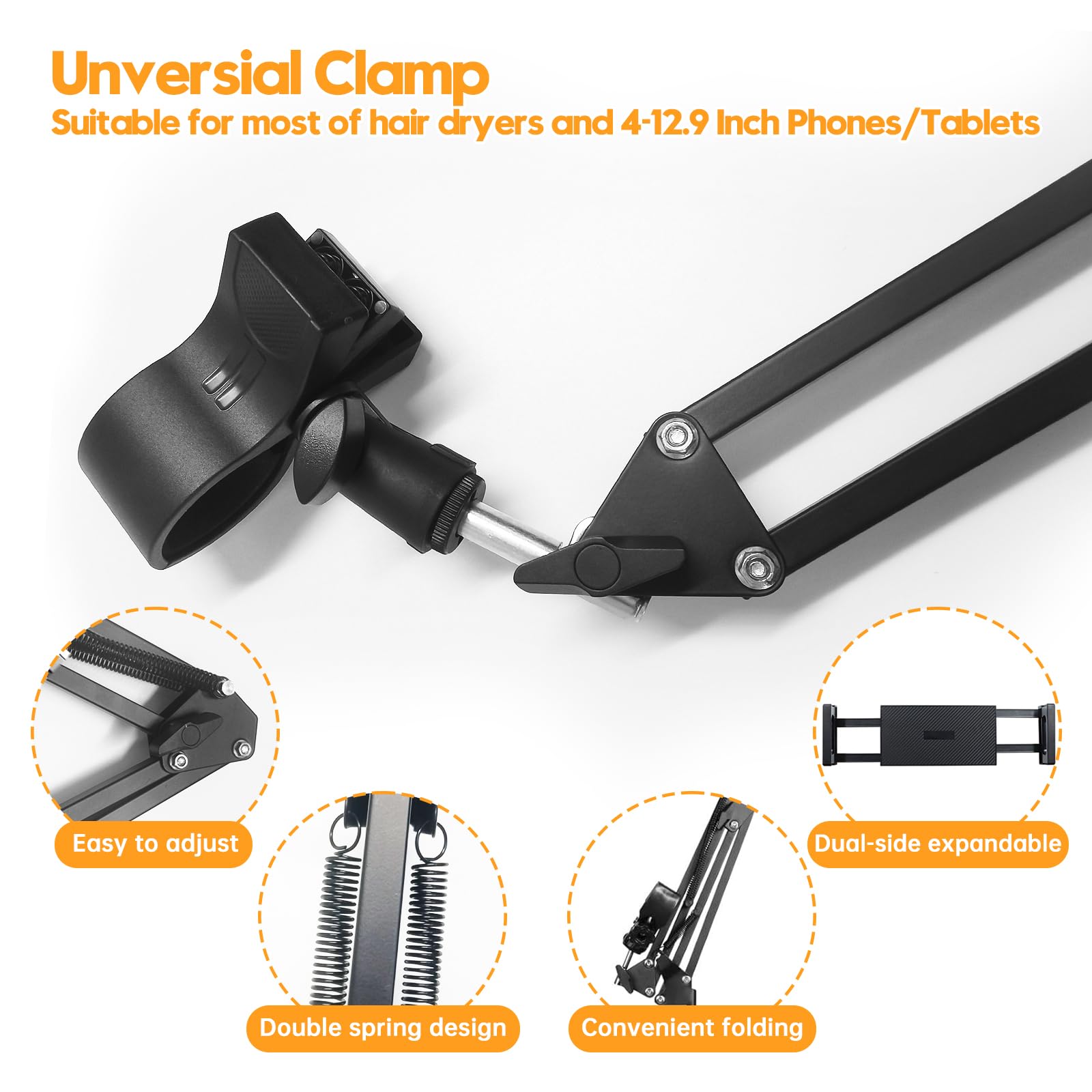 Black Dog Hair Dryer Holder - 360 Rotating Hands-Free Stand With Adjustable Clamp For Blow Dryers,3-In-1 Holder For Pet Hair Dry