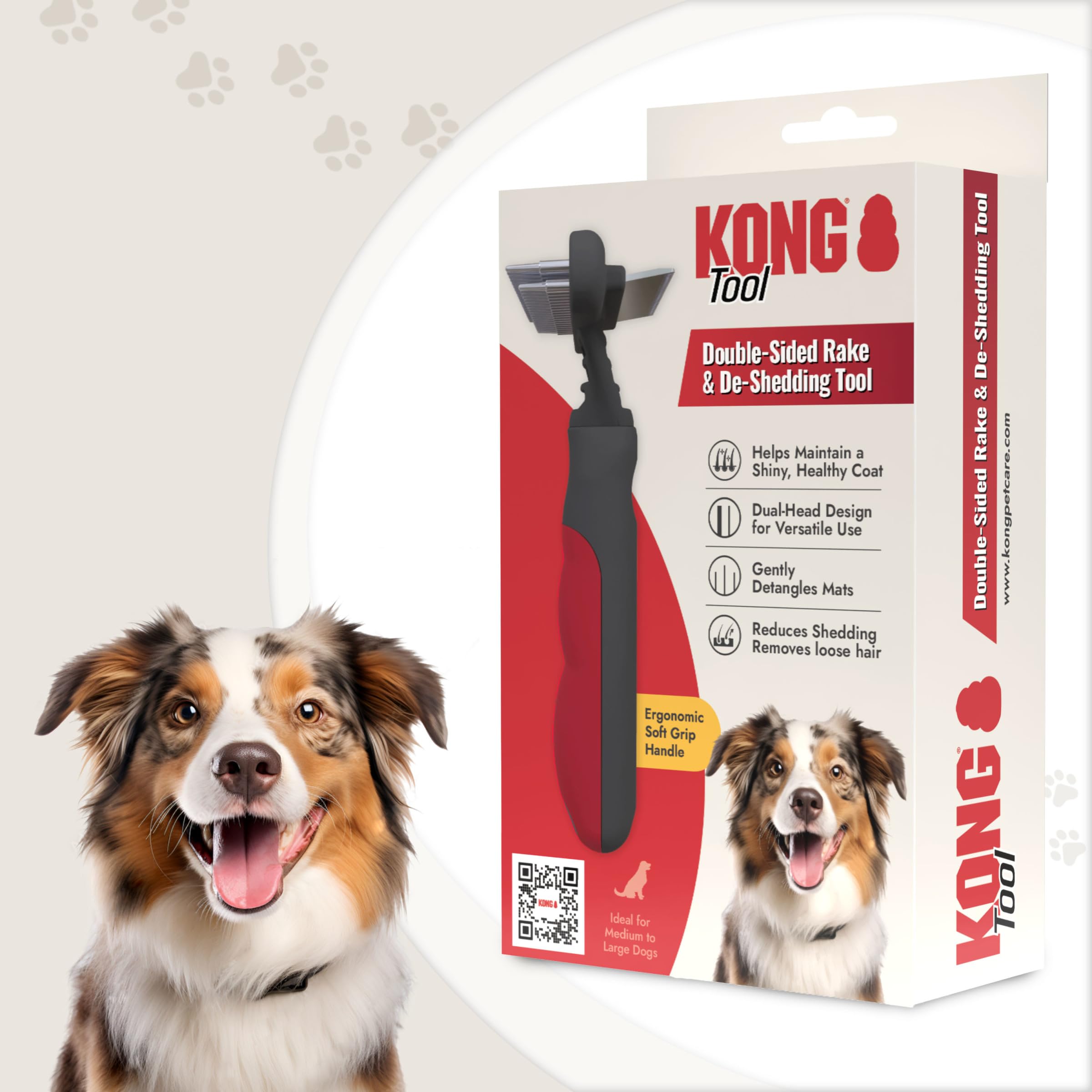 KONG Double-Sided Rake & Deshedding Tool - Detangling & Shedding Control, Rounded Metal Tips, Non-Slip Grip, for Medium to Large