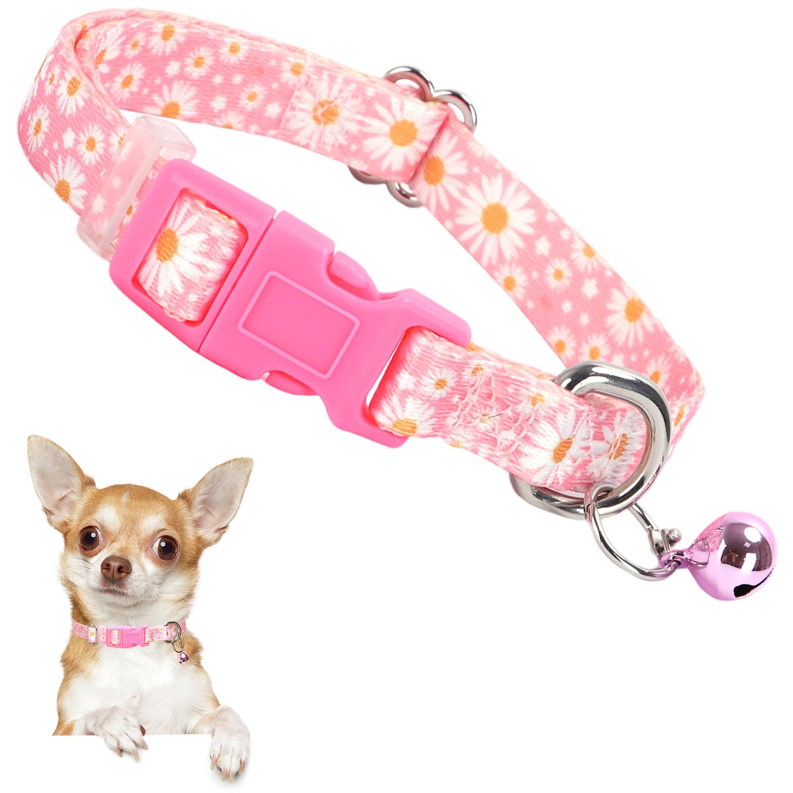 Pink Small Dog Collar With Bell -Nylon Collar For Chihuahua Pomeranian Yorkie, Adjustable Xxs/Xs For Walks & Daily Play (Daisy S