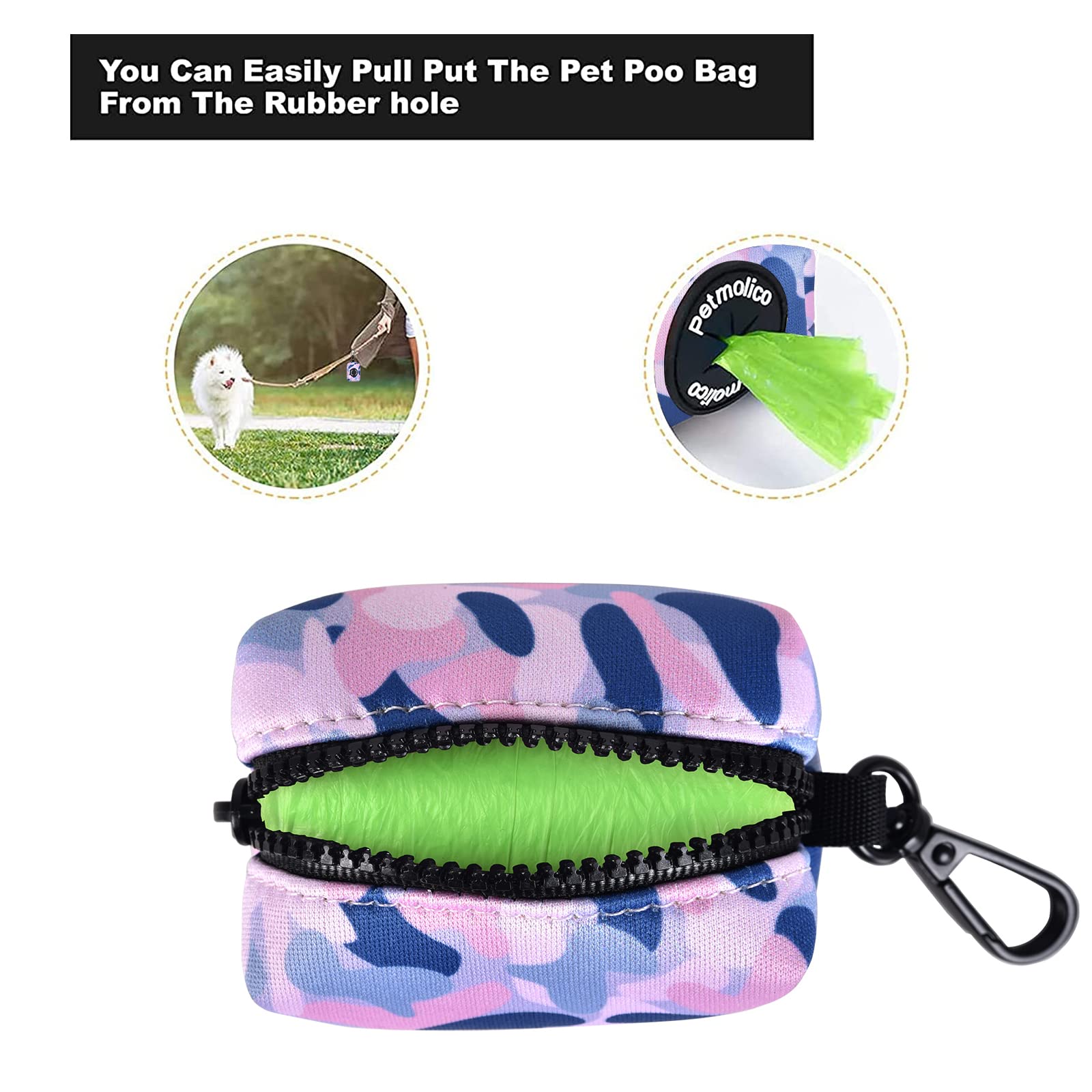 Petmolico Dog Poop Bag Holder Leash Attachment, Waste Bag Dispenser Zippered Pouch, Fits Any Leash, Includes Free Roll of Bags,