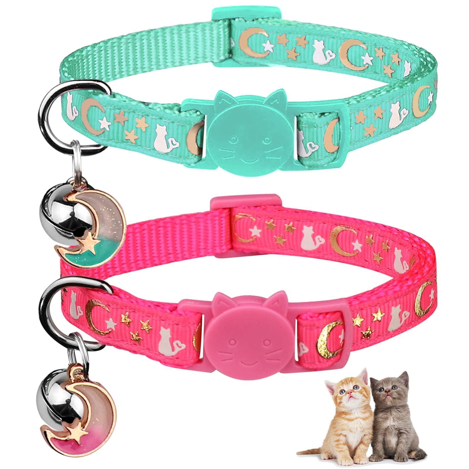 2Pcs Breakaway Cat Collars With Bell Cute Kitty Glow In The Dark Adjustable Kitten Collars 7.9-13.0 Inch(Teal&Pink)