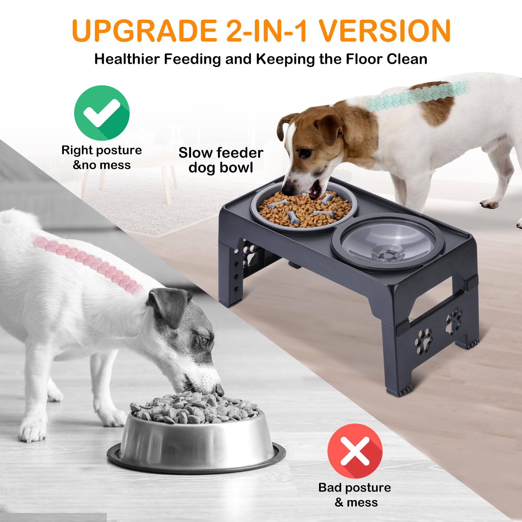 LALOBLUE Elevated Dog Bowls, Raised Slow Feeder Dog Bowls with No Spill Water Bowl, Dog Bowl Stand Adjusts to 5 Heights 2.95'',