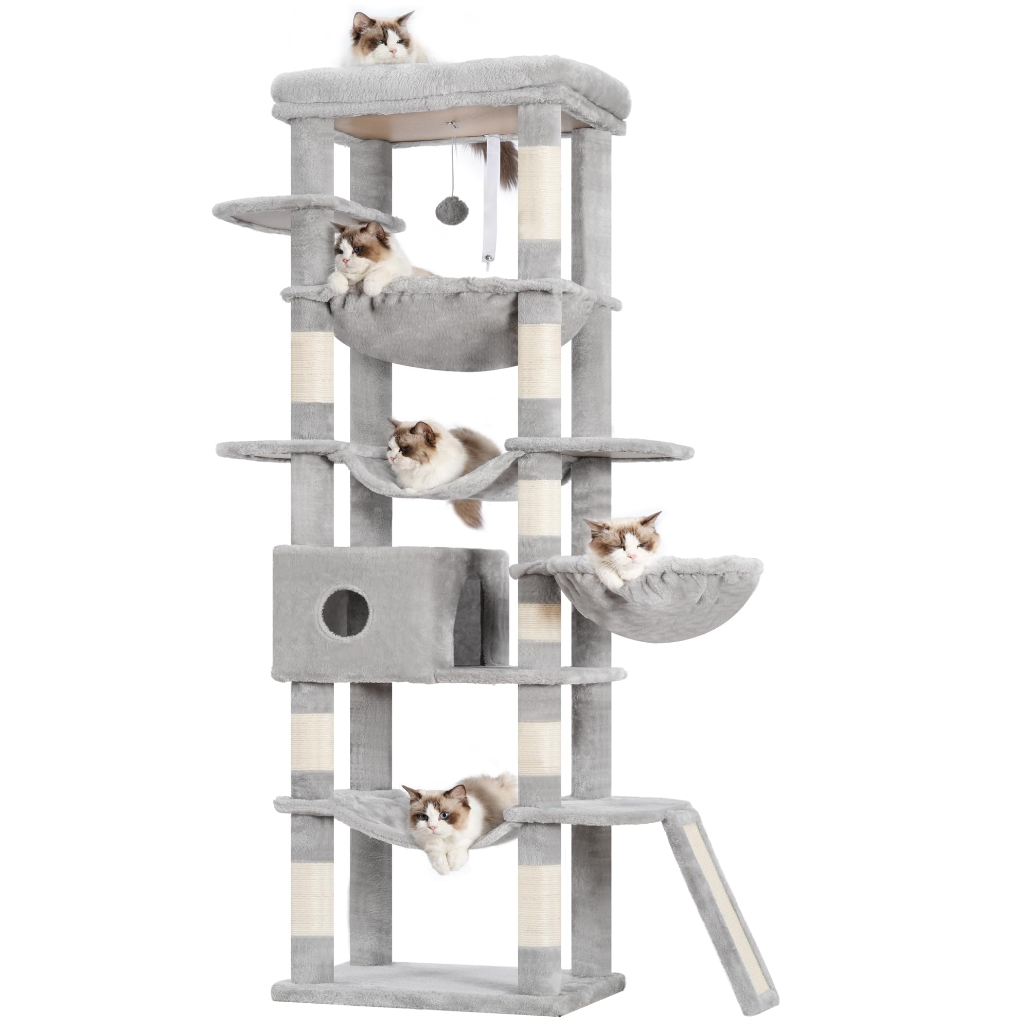 Hey-Brother Cat Tree, 69.3-Inches Multi-Level Plush Cat Tower For Indoor Cats With Large Top Perch, Extra Spacious Hammock, 2 Ha