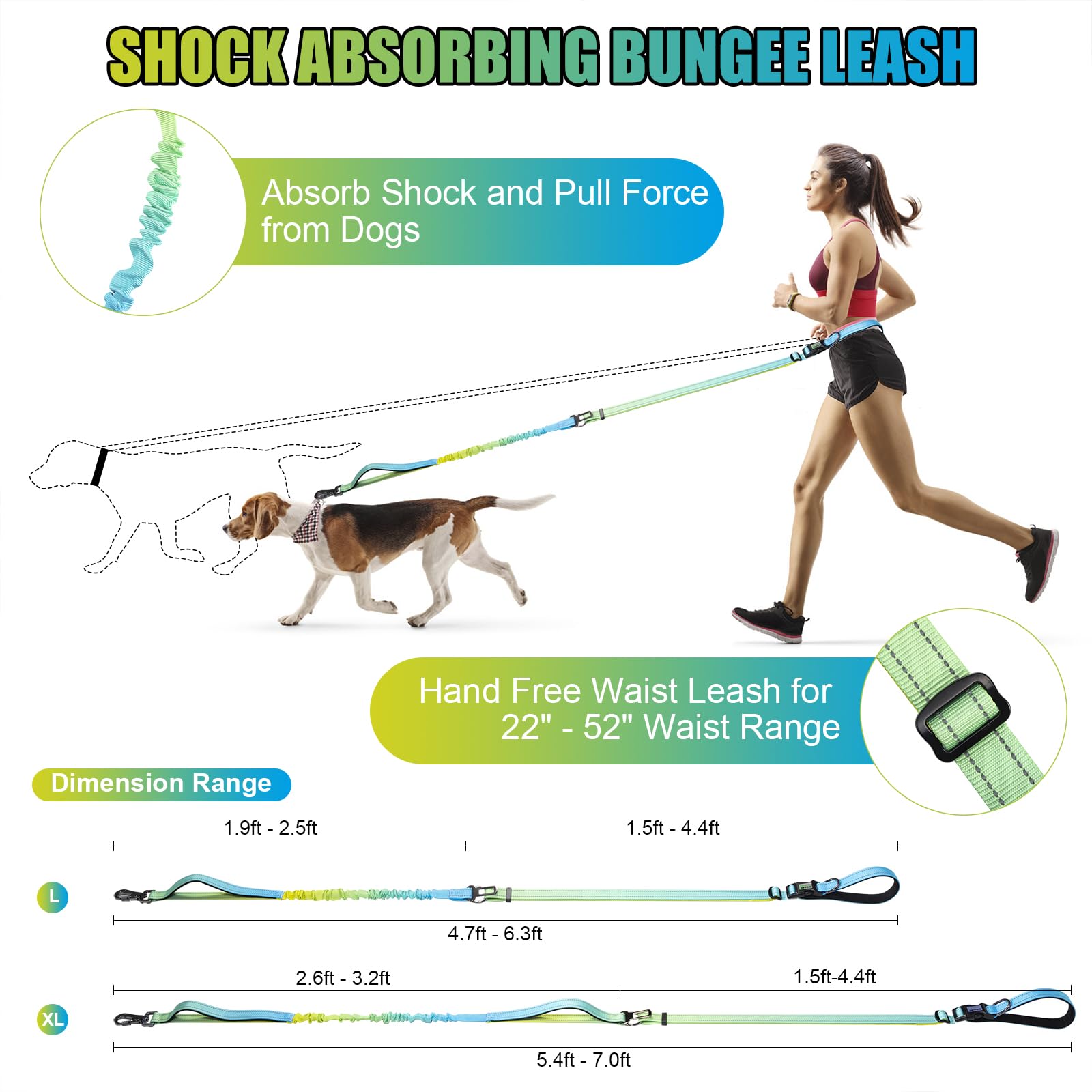 Jetog Heavy Duty Hands Free Dog Leash, 5-7 Ft Reflective Adjustable Waist Dog Leash Belt With Padded Handles, Shock Absorbing Bu