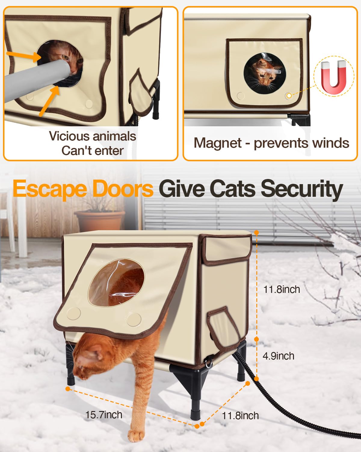 Heated Cat House For Outdoor Cat In Winter, Safe Escape Door & Waterproof & Insulated, Weatherproof Heated Cat Bed Kitty Shelter