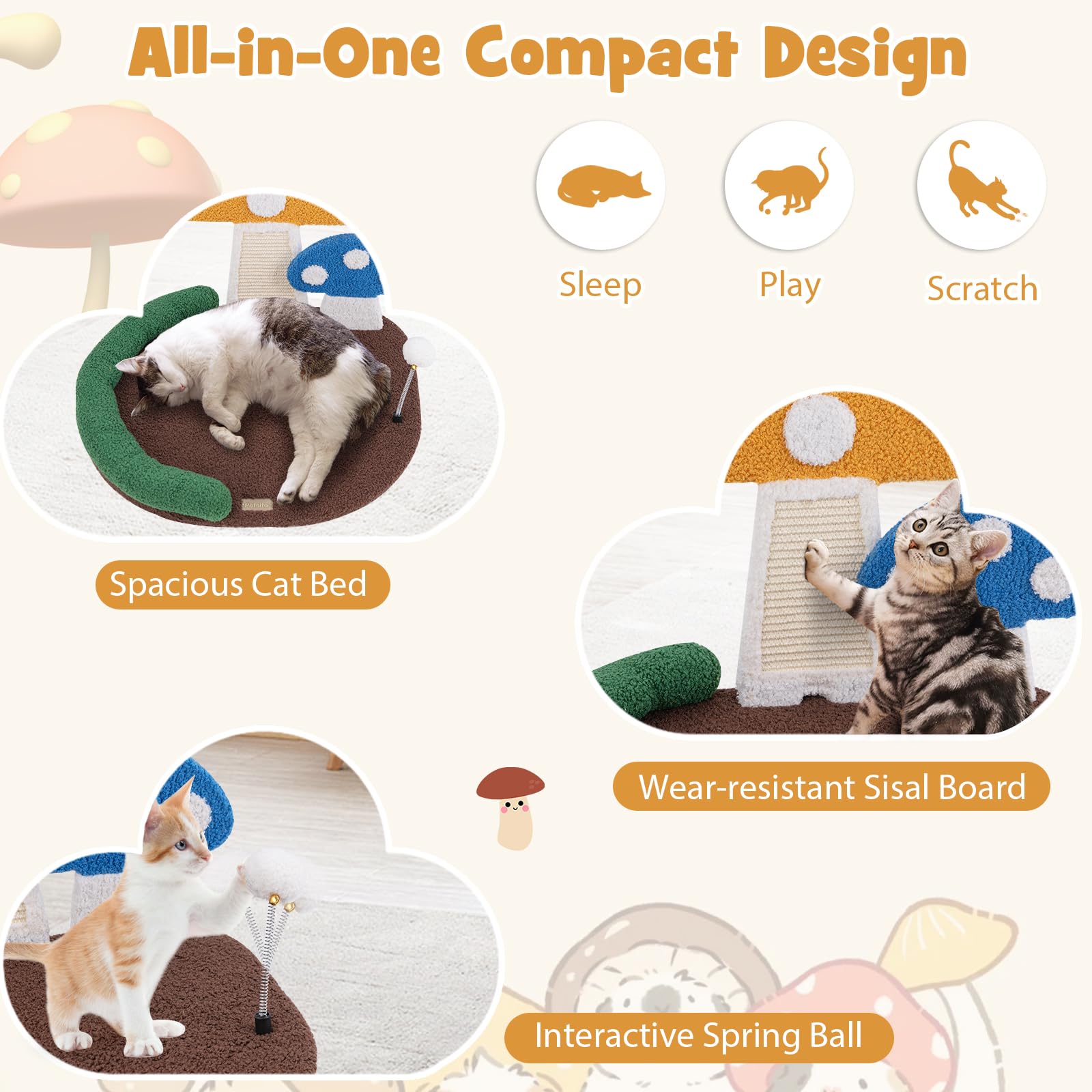 Petsite Mushroom Cat Tree For Indoor Cats, Modern Small Cute Cat Tree With Natural Sisal Scratching Board, And Teasing Spring Ba