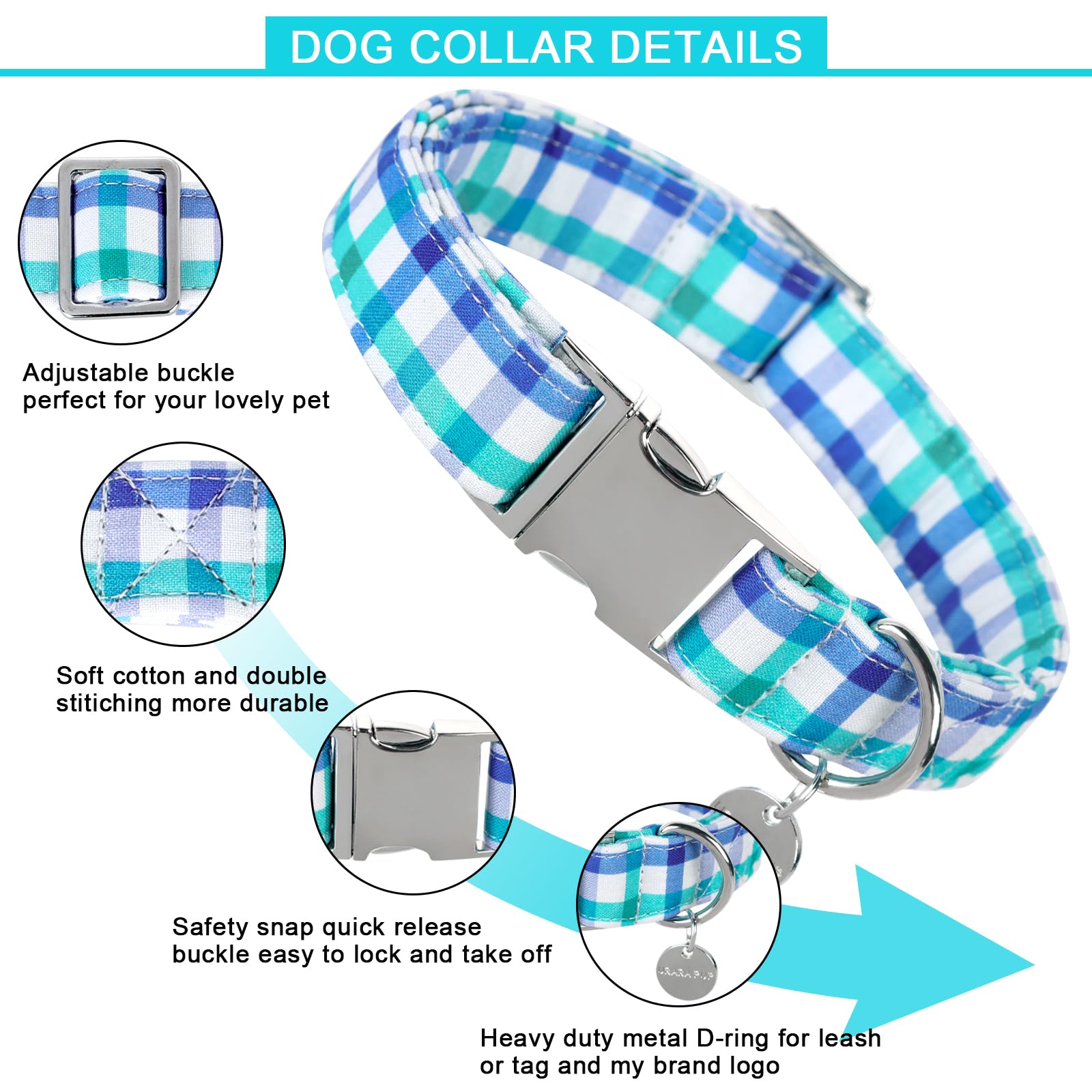Up Urara Pup Blue Plaid Summer Cotton Dog Collar With Metal Buckle Gift Collar For Small Medium Large Girls Or Boys Dogs Cute Du
