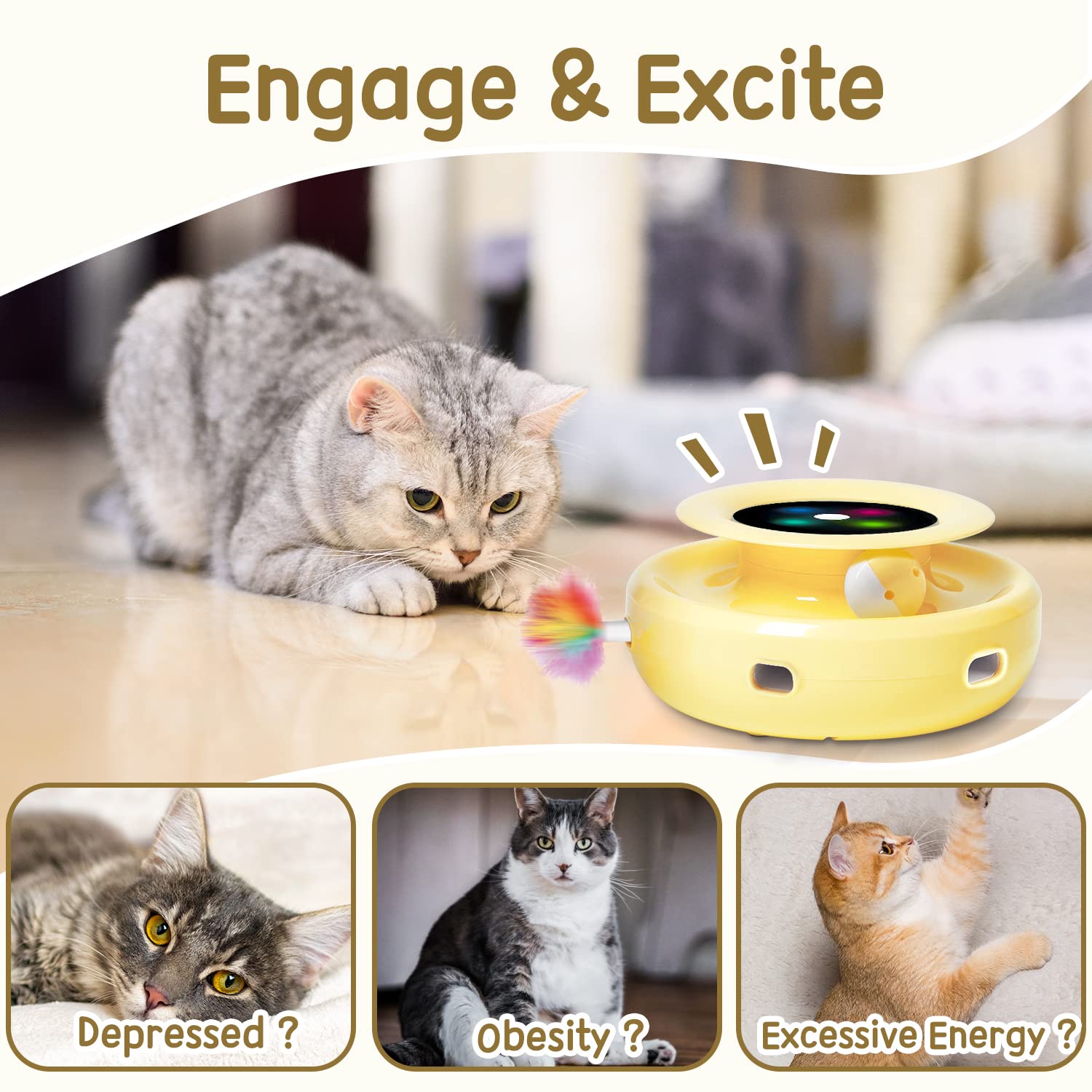 Orsda Cat Toys 2-In-1 Interactive Cat Toys For Indoor Cats, Automatic Cat Toy Balls, Ambush Feather Kitten Toys With 6Pcs Feathe