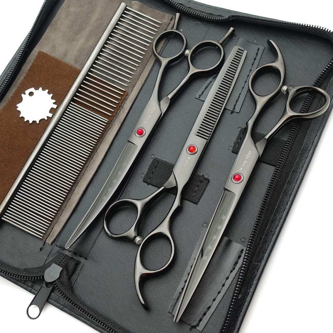 Kingstar 7.0In Professional Pet Grooming Scissors Set,Straight & Thinning & Curved Scissors 3Pcs Set With Comb For Dog Grooming,A419 (Black-Grey)
