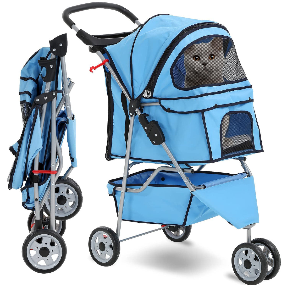 Hcy Folding Dog Stroller, 3 Wheels Pet Strollers Pet Gear For Small Medium Cats Dogs Puppy With Storage Basket, Cup Holder,Lightweight Blue 35.04Inchx17.32Inchx38.58Inch