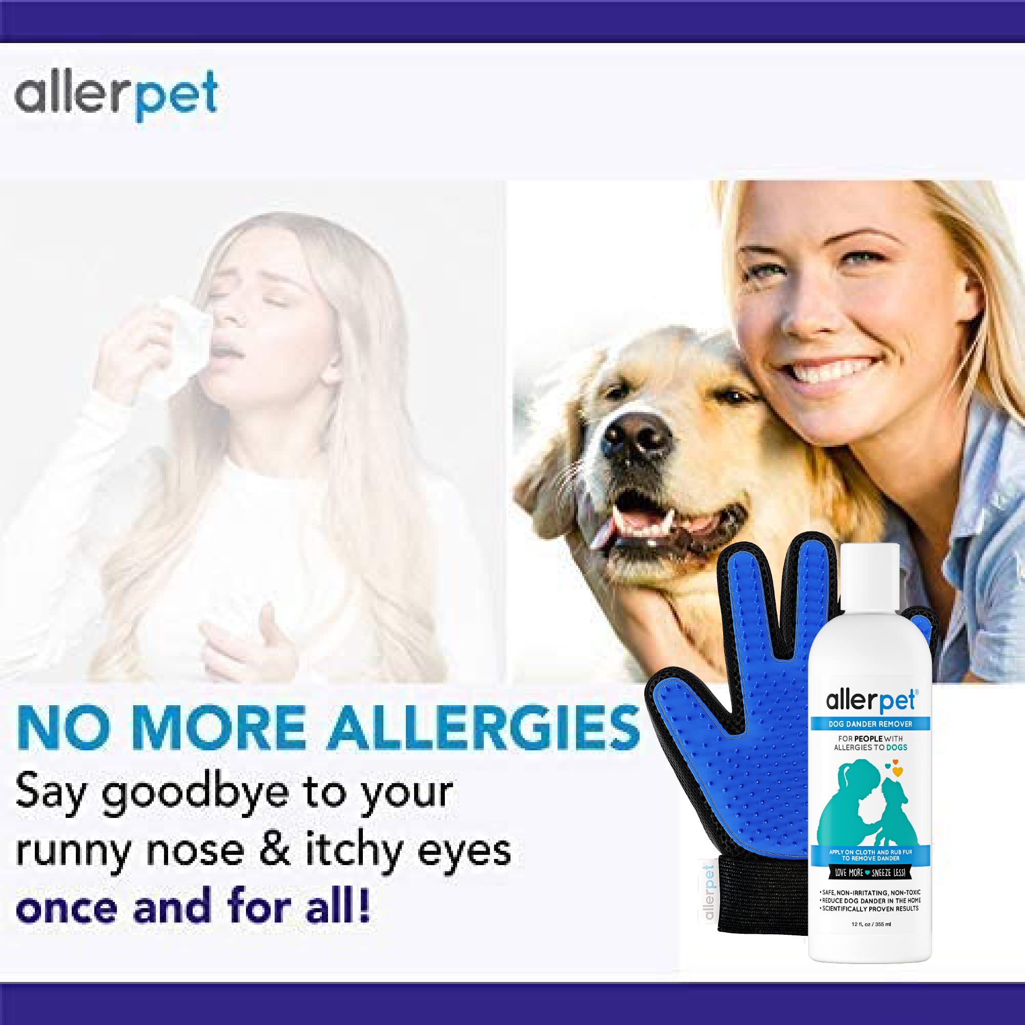 Allerpet Dog Dander Remover with Free Grooming Gloves - 12oz Allergy Relief for Canine Skin & Fur Care