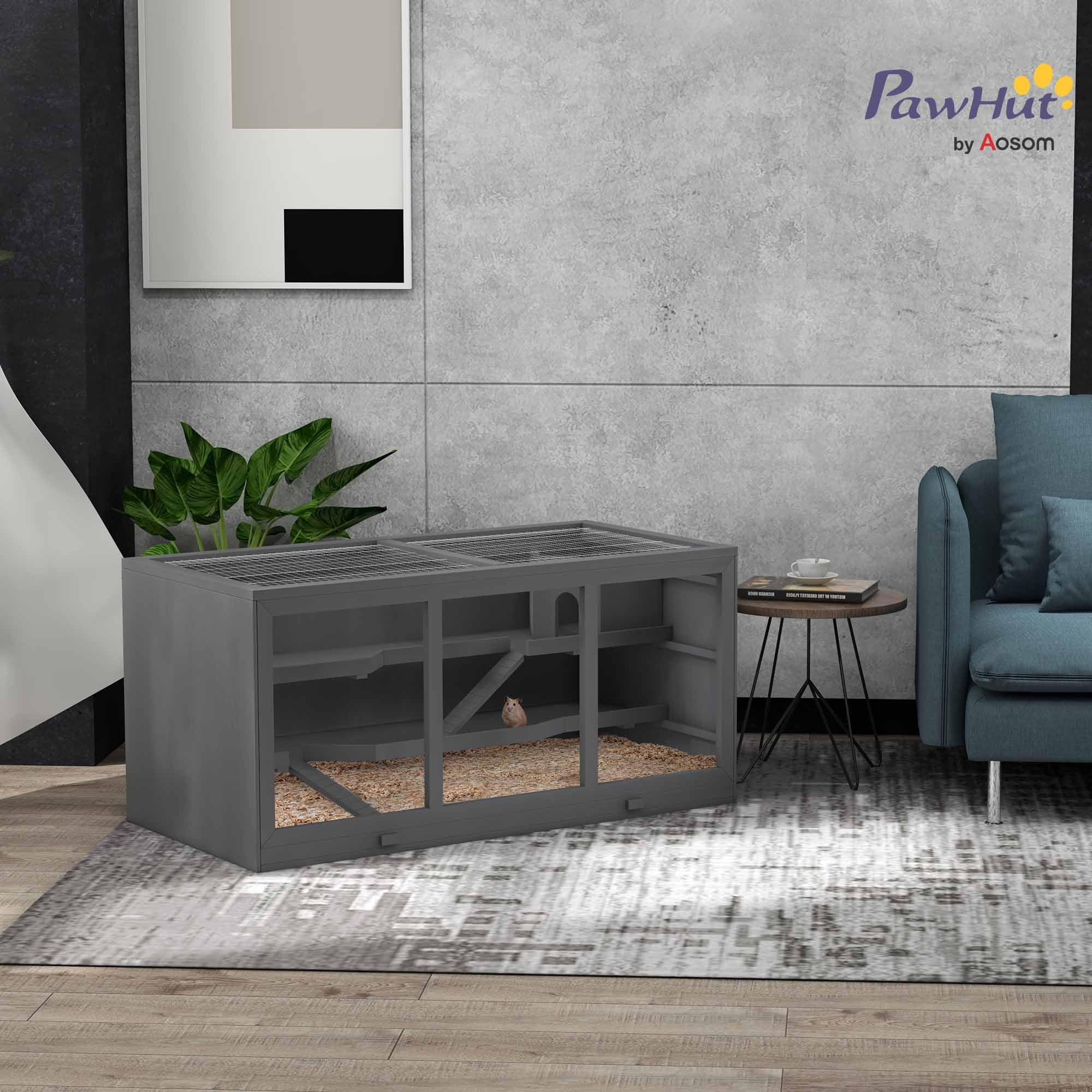 Pawhut Extra Large Wooden Hamster Cage, Gerbil Cage, And Other Small Animal Habitat, Hamster Habitat With Opening Roof, Hut, Ram