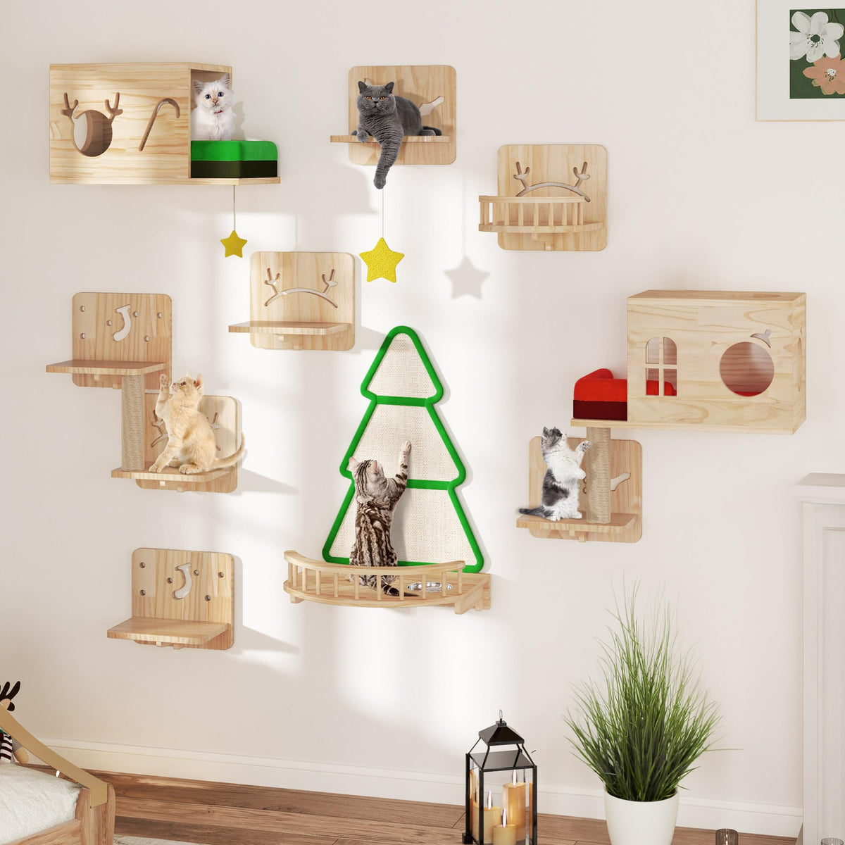 Yitahome Solid Wood Cat Wall Shelves And Perches For Wall, Pine Wall Mounted Cat Tree 16 Piece Set, Cat Climbing Shelves With Ho