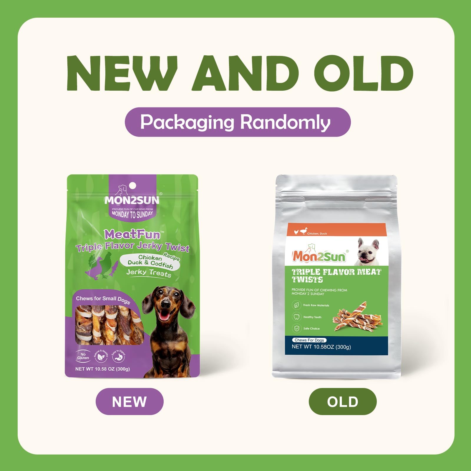 MON2SUN Dog Treats, Triple Flavor Jerky Twist Sticks, 5-7 Inch Chicken Duck and Codfish Sticks Chews for Small Dogs, Healthy Sna