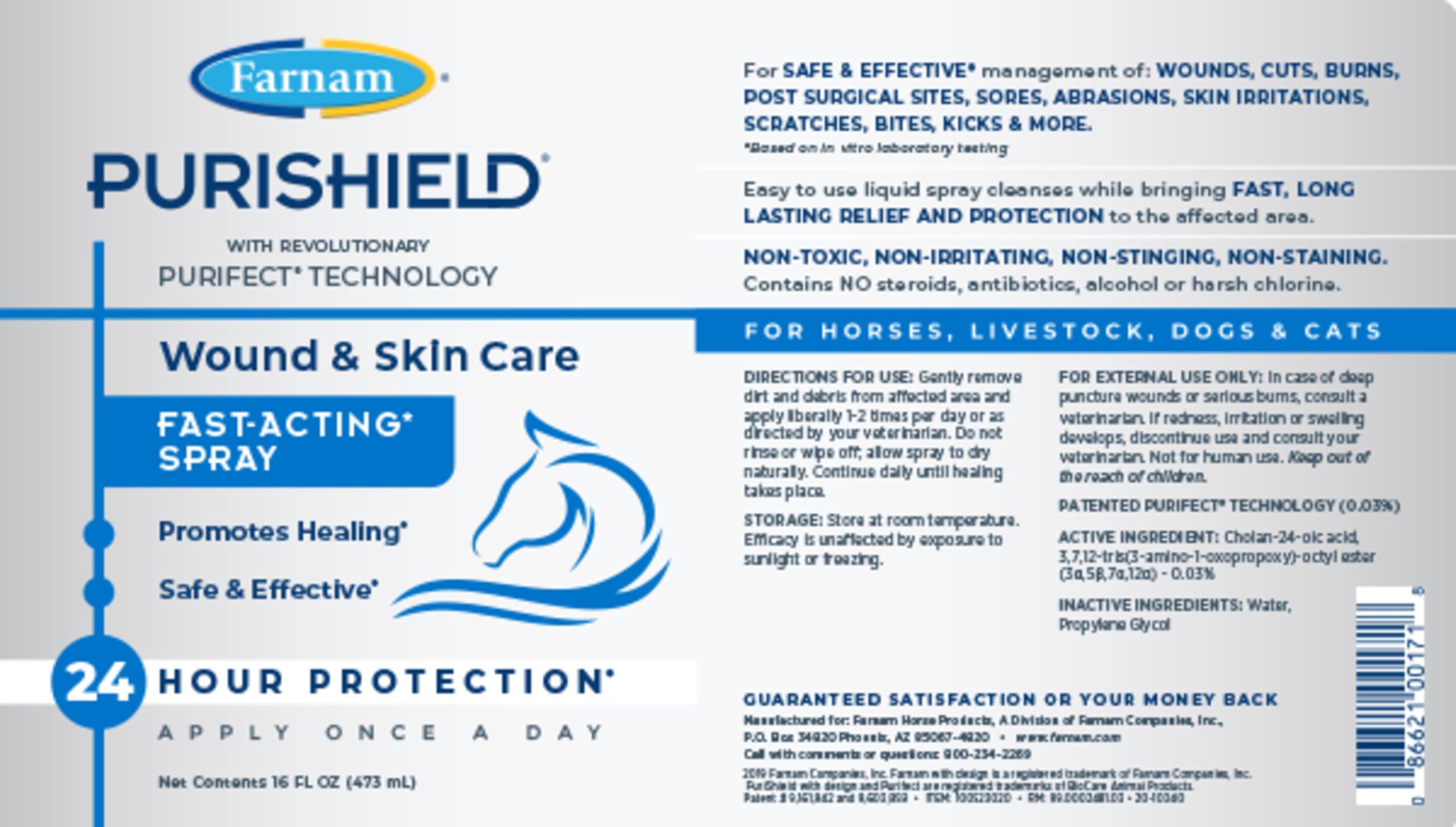 Farnam Purishield Wound & Skin Fast Acting Spray, All-purpose cleaner with 24 hour protection promotes healing and skin repair f