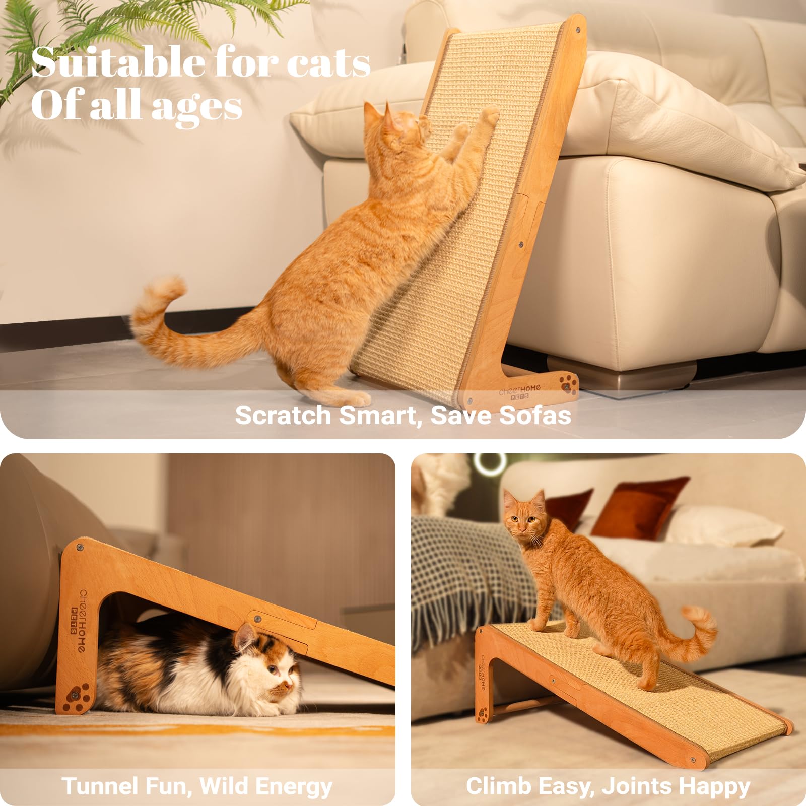 Cheerhome Pets Sisal Cat Scratcher Ramp For Indoor Cats, 24.8'' L Shape Scratching Post Climbing Vertical Cat Scratch Pad, Solid
