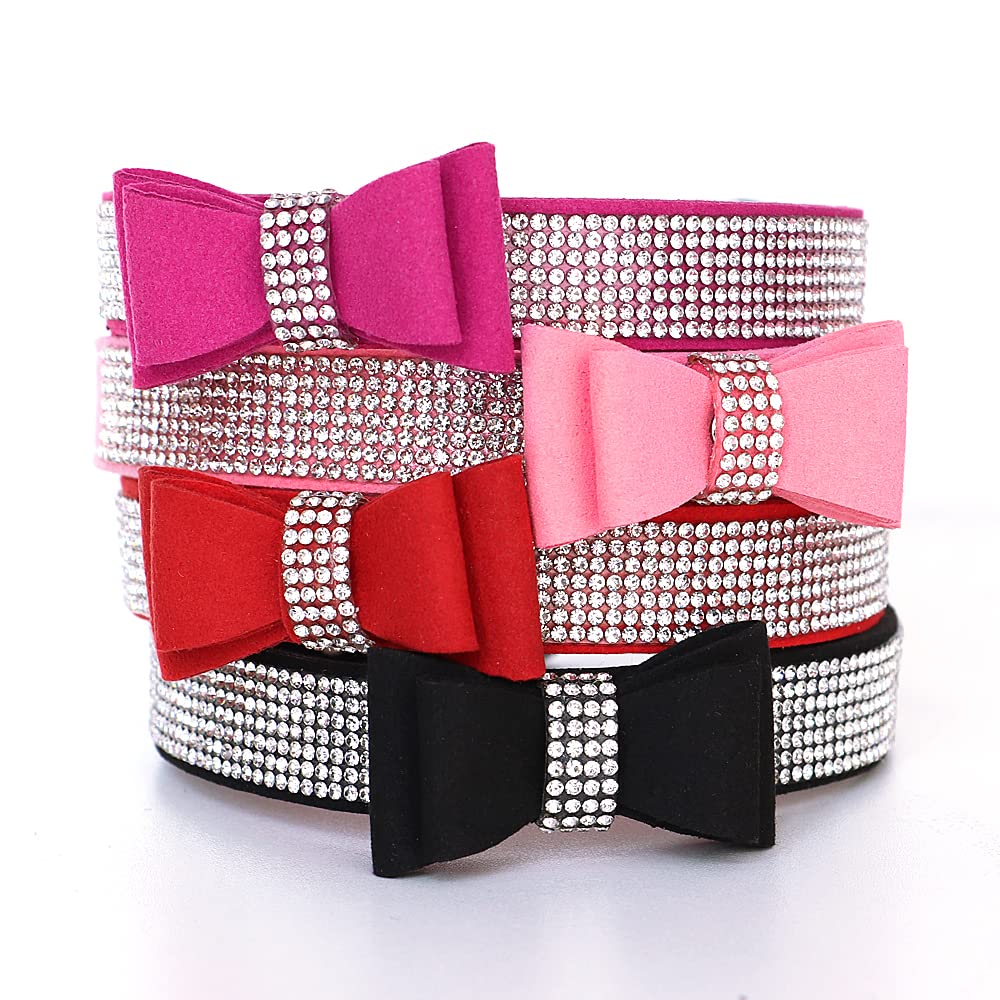 Beirui Rhinestone Bling Leather Dog & Cat Collar - Flocking Sparkly Crystal Diamonds Studded - Cute Double Bowknot For Pet Show & Daily Walking,Hot Pink,Xxs Neck Fit 6-8'