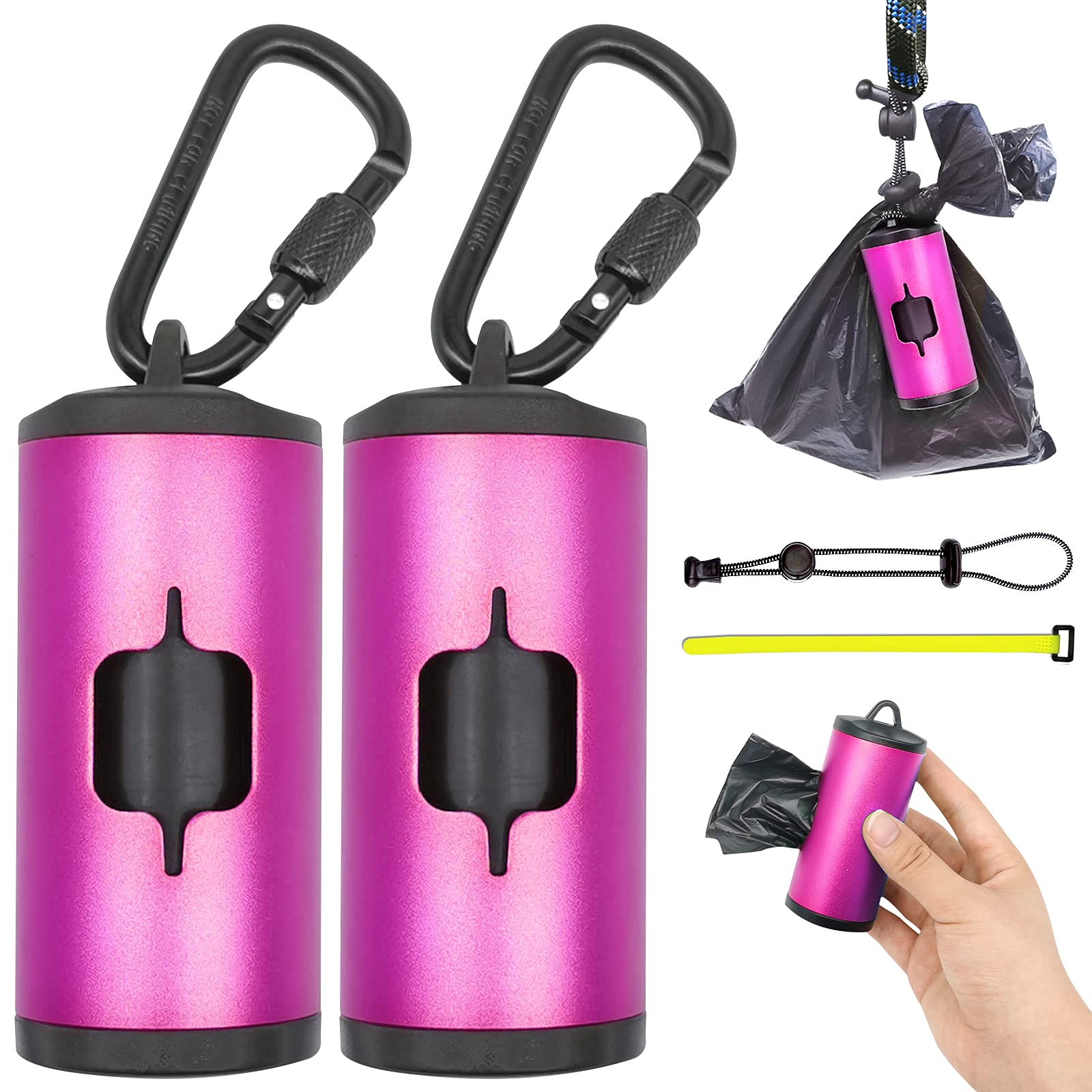 Shaouman 2 Pack Metal Dog Poop Bags Holder Aluminum Poo Bags Dispenser With 30 Black Unscented Pet Waste Bags And 3 Leash Access