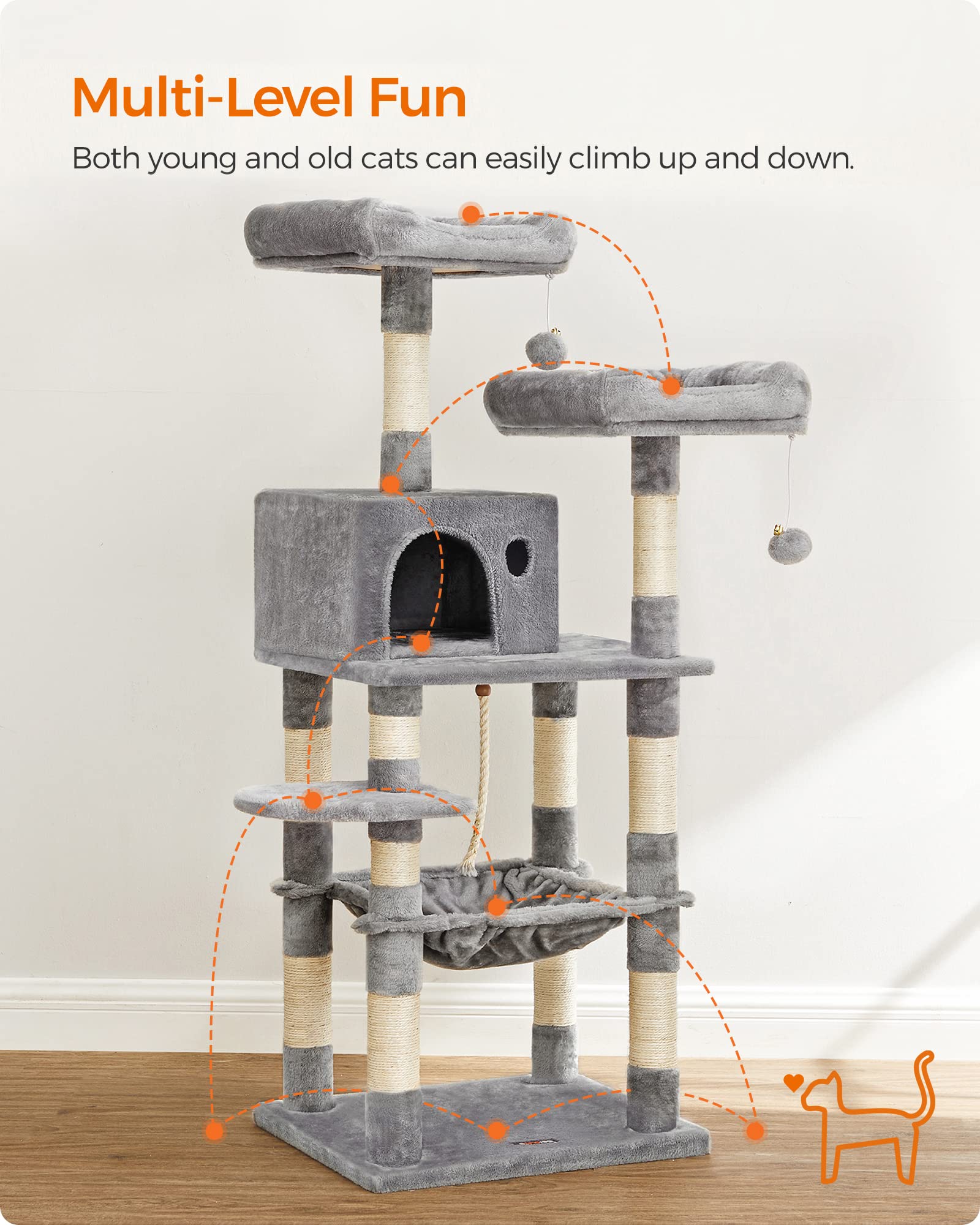 Feandrea Cat Tree, Cat Tower For Indoor Cats, 56.3-Inch Cat Condo With Scratching Posts, Hammock, Plush Perch, Light Gray Upct15