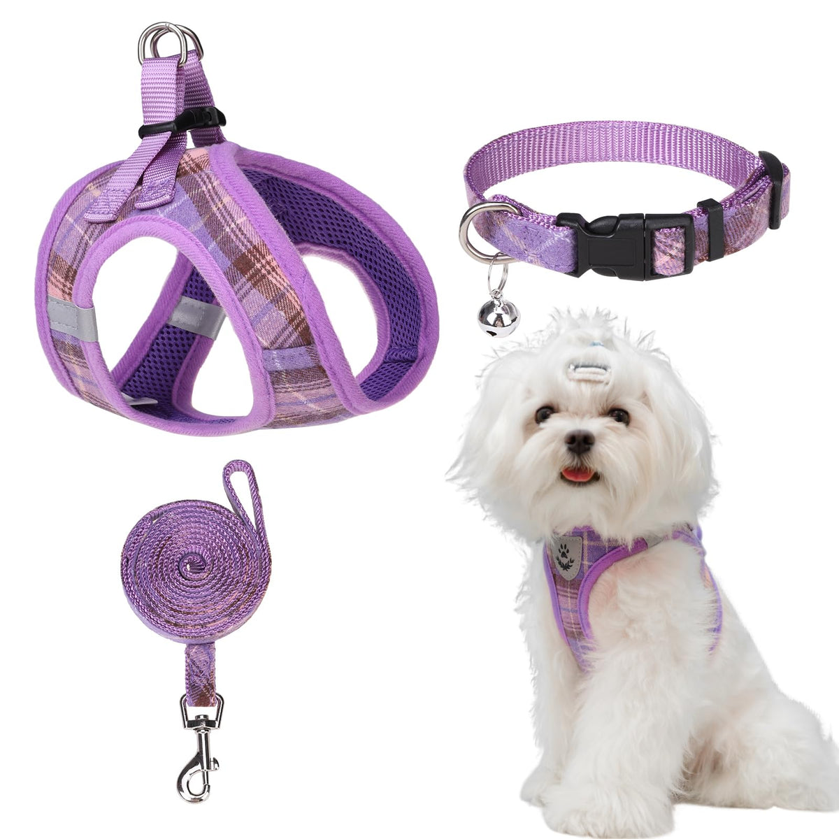 Expawlorer Dog Harness And Leash Set - Classic Plaid Step In Dog Harness With Adjustable Dog Collar, Soft Dog Vest Harness No Pull, Reflective Escapeproof For Training Outdoor Walking, Purple M