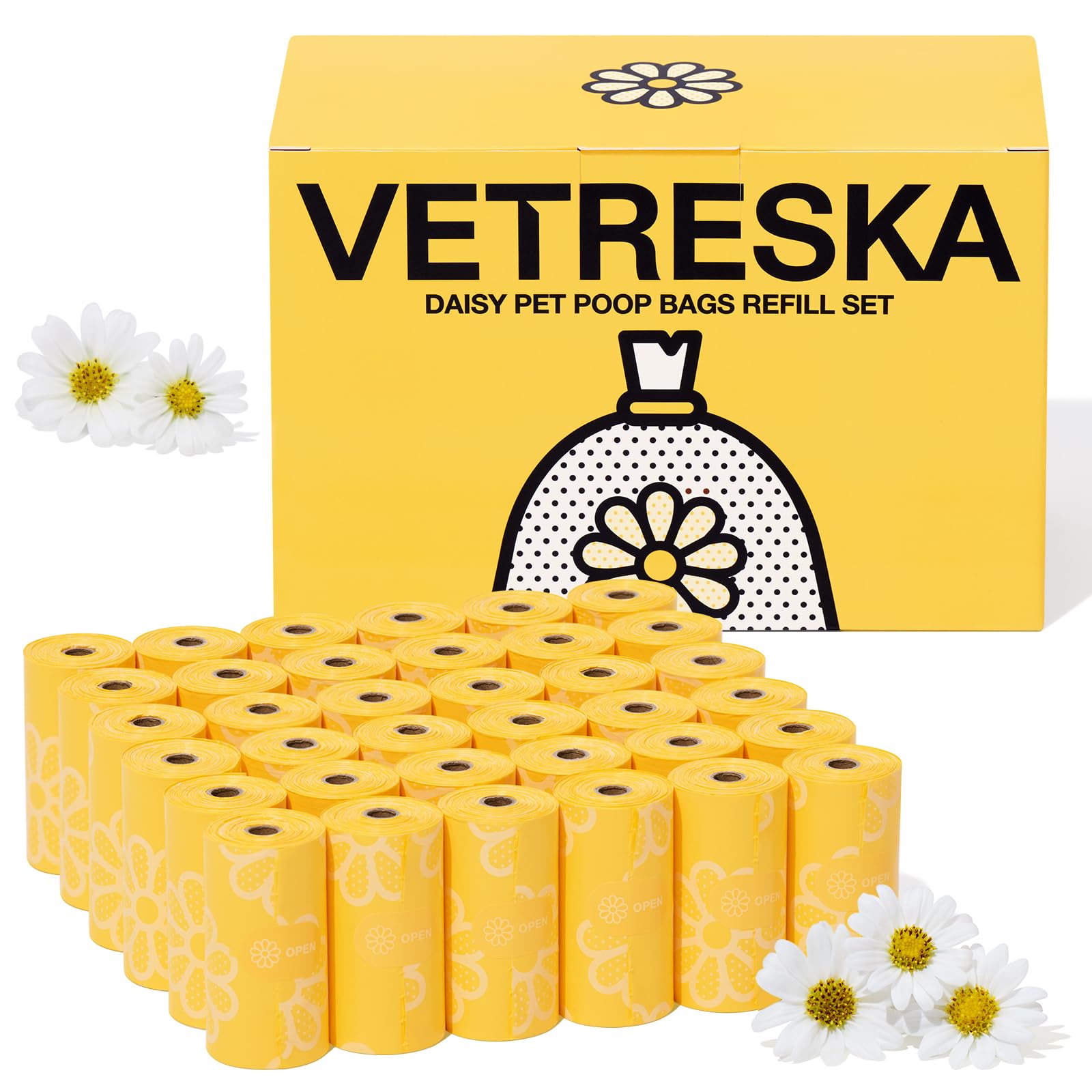 Vetreska Dog Poop Bag Rolls Daisy Scented Leak-Proof Pet Waste Bags Thick And Large Trash Bags For Dog Walking 36 Refill Rolls 5