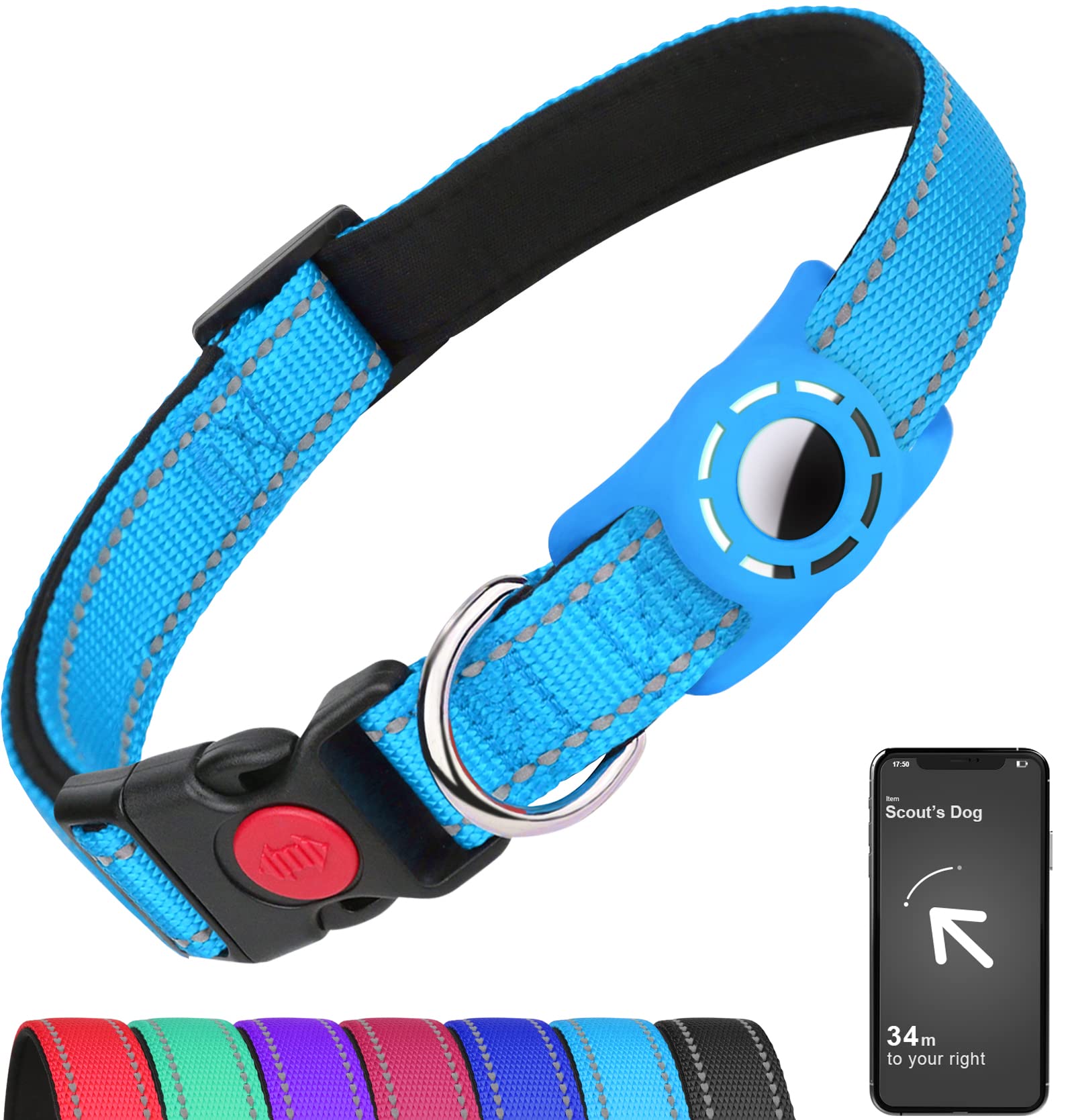 Erbine Airtag Dog Collar For Puppy Dogs, Reflective Dog Collars With Airtag Holder, Soft Padded & Safety Locking Buckle, Nylon Pet Collar Adjustable For All Breeds, Skyblue