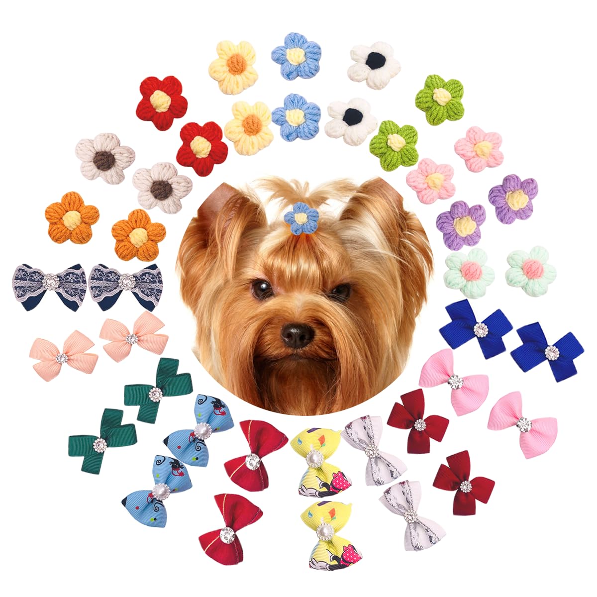 Pai Sence 20Paris(40Pcs) Cute Flowers Small Dog Hair Bows With Rubber Bands For Medium Dogs Boys Girls Faux Pearl Yorkie Topknot