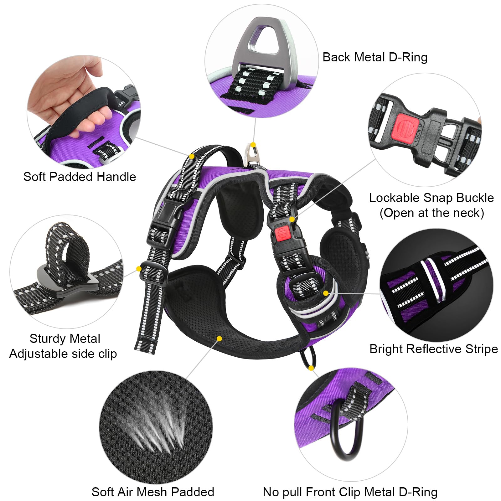 Timos Dog Harness Large Sized, No Pull With Neck Lockable Snap,No Choke Front Clip Dog Reflective Harness,Adjustable Metal Rings