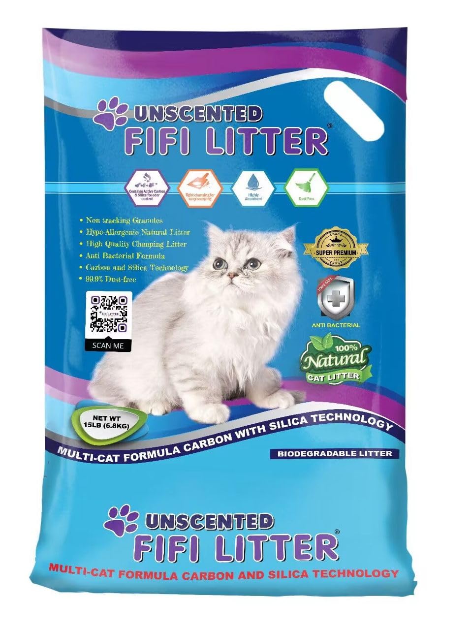 Fifi Litter 15-Lbs. All Natural,Premium Multi-Cat Formula,Bentonite/Carbon/Silica, Hypoallergenic,Quick Clumping,99.9% Dust Free
