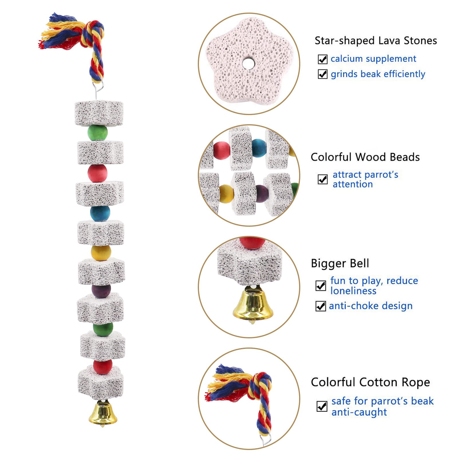 2 Pack Large Bird Chewing Toy, Parrot Beak Grinding Calcium Stone With Bells, Bird Cage Accessories, Cage Toys For Cockatiel Par