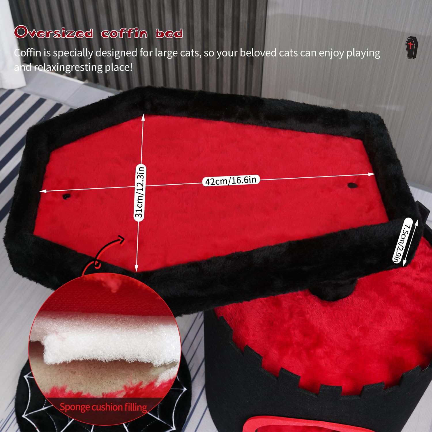 Yaruomy Gothic Cat Tree Castle, Black Cat Tower With Coffin Cat Bed, Spacious Cat Condo For Halloween Cat, Kraft Twine Scratchin