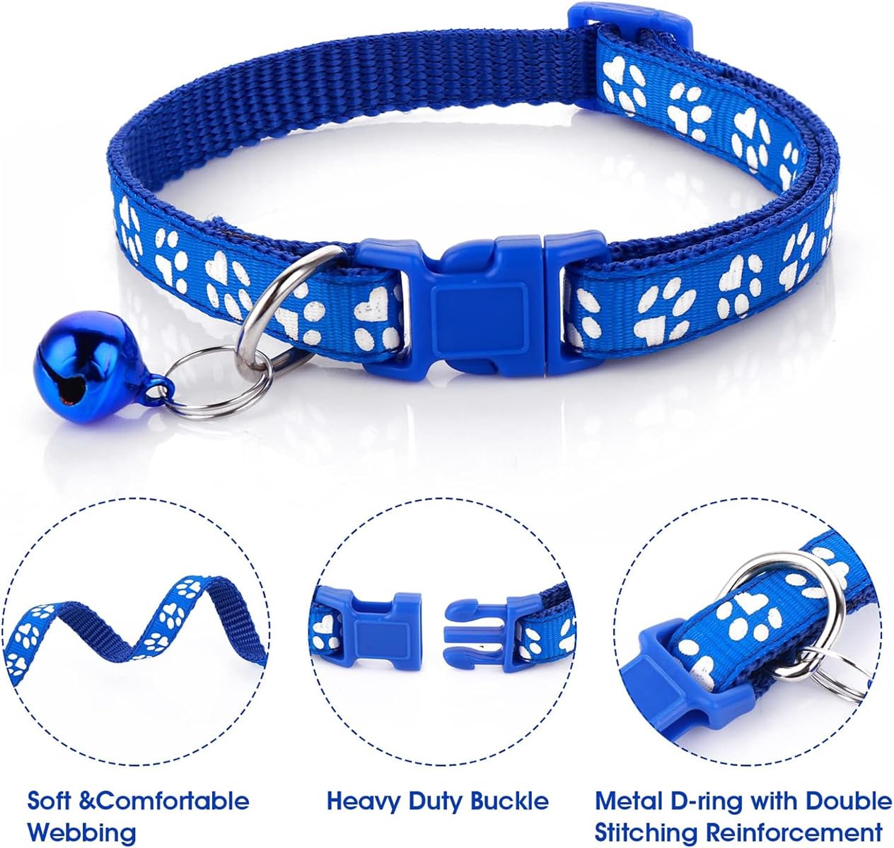 Dog Collar And Leash Set With Bell,Blue Nylon Paw Cat Collar Girl Female Cute Fancy Puppy Collar With Bells For Xxs Xs Tiny Litt