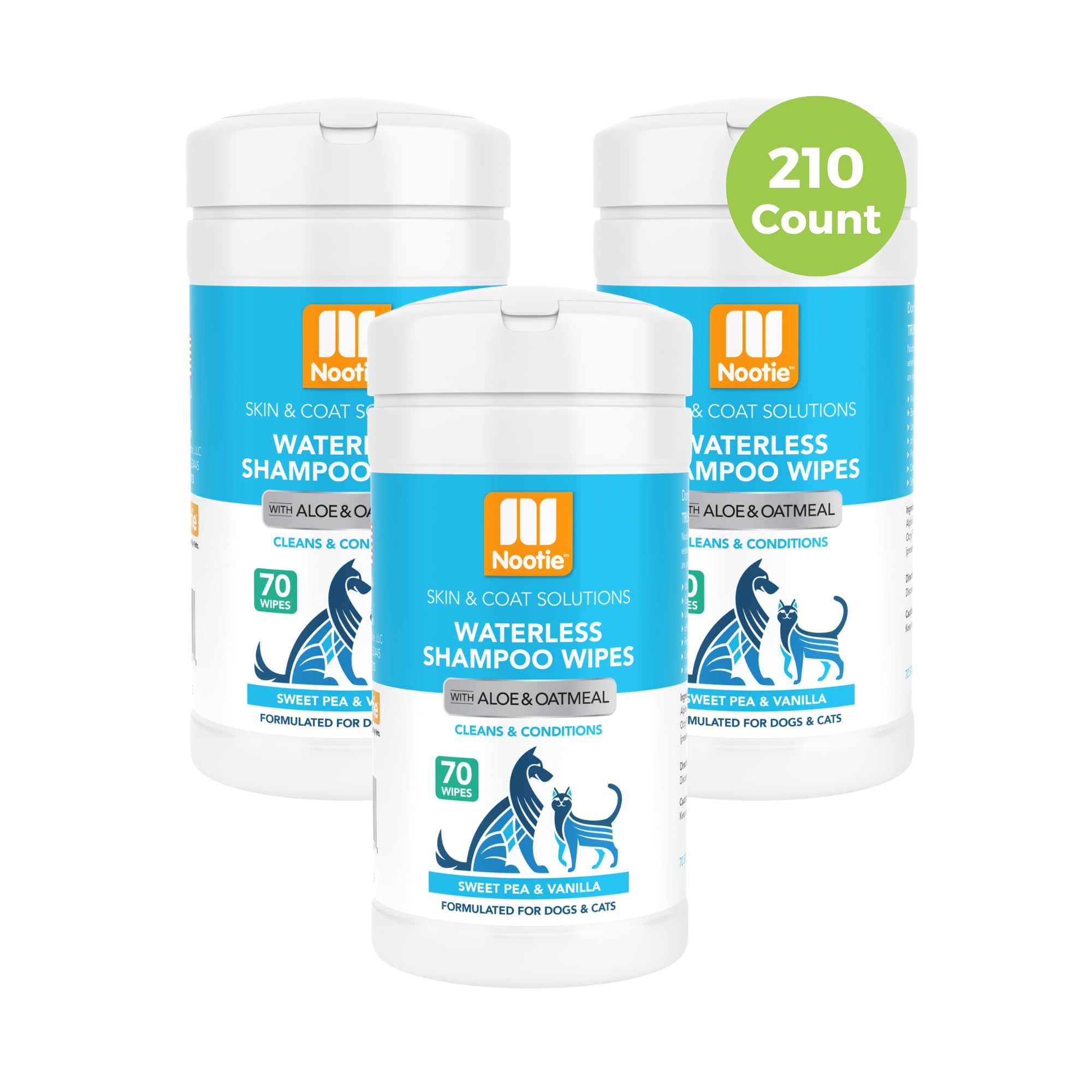 Nootie Waterless Shampoo Wipes For Dogs & Cats - Value Pack, 210 Count - Long Lasting Sweet Pea Vanilla Fragrance - Sold In Over