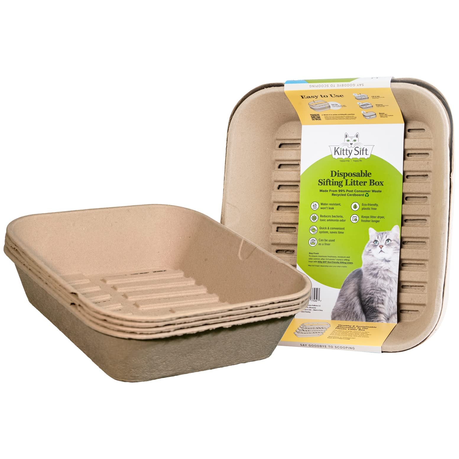 Kitty Sift (Set Of 1 Litter Box & 5 Sifting Liners) Sustainable, Clean, Sifting, Disposable Cat Litter Box Kit - Jumbo, 6-Set Ki