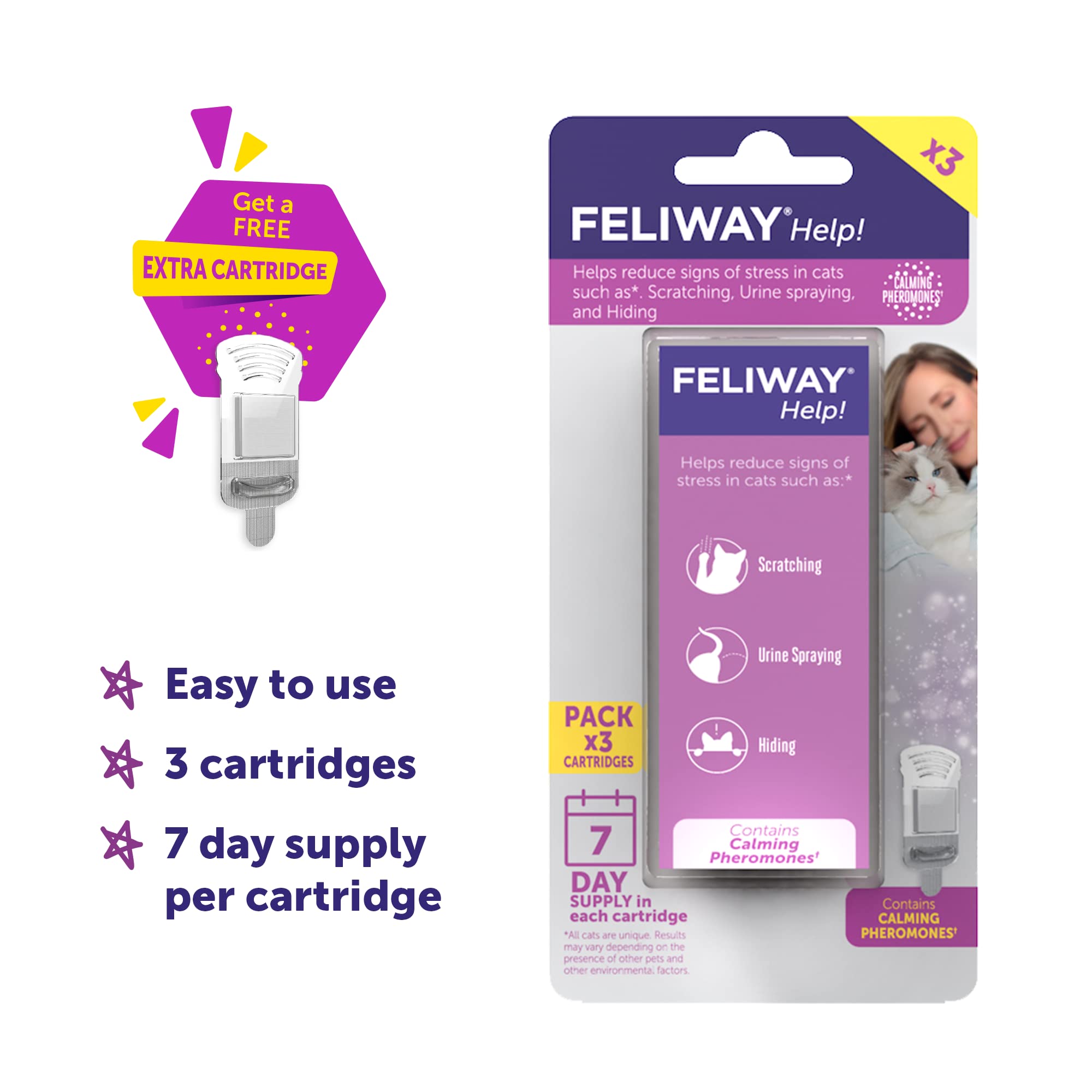 FELIWAY® Cat Calming Pheromone Refills, 3-Pack, 7 Days, Purple, Model E81820B, Ethylene Vinyl Acetate