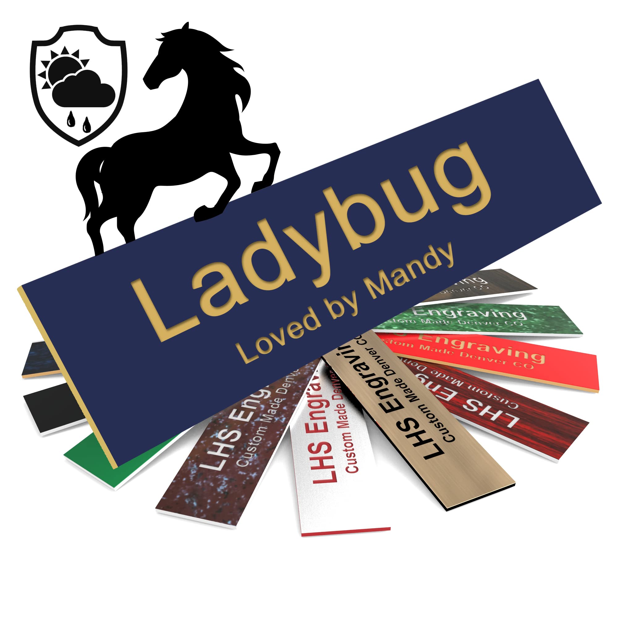 Lhs | Personalized Horse Stall Name Plates, 2X10 Horse Stall Signs With Adhesive, All Weather Uv Protected, Navy Blue Plastic Wi