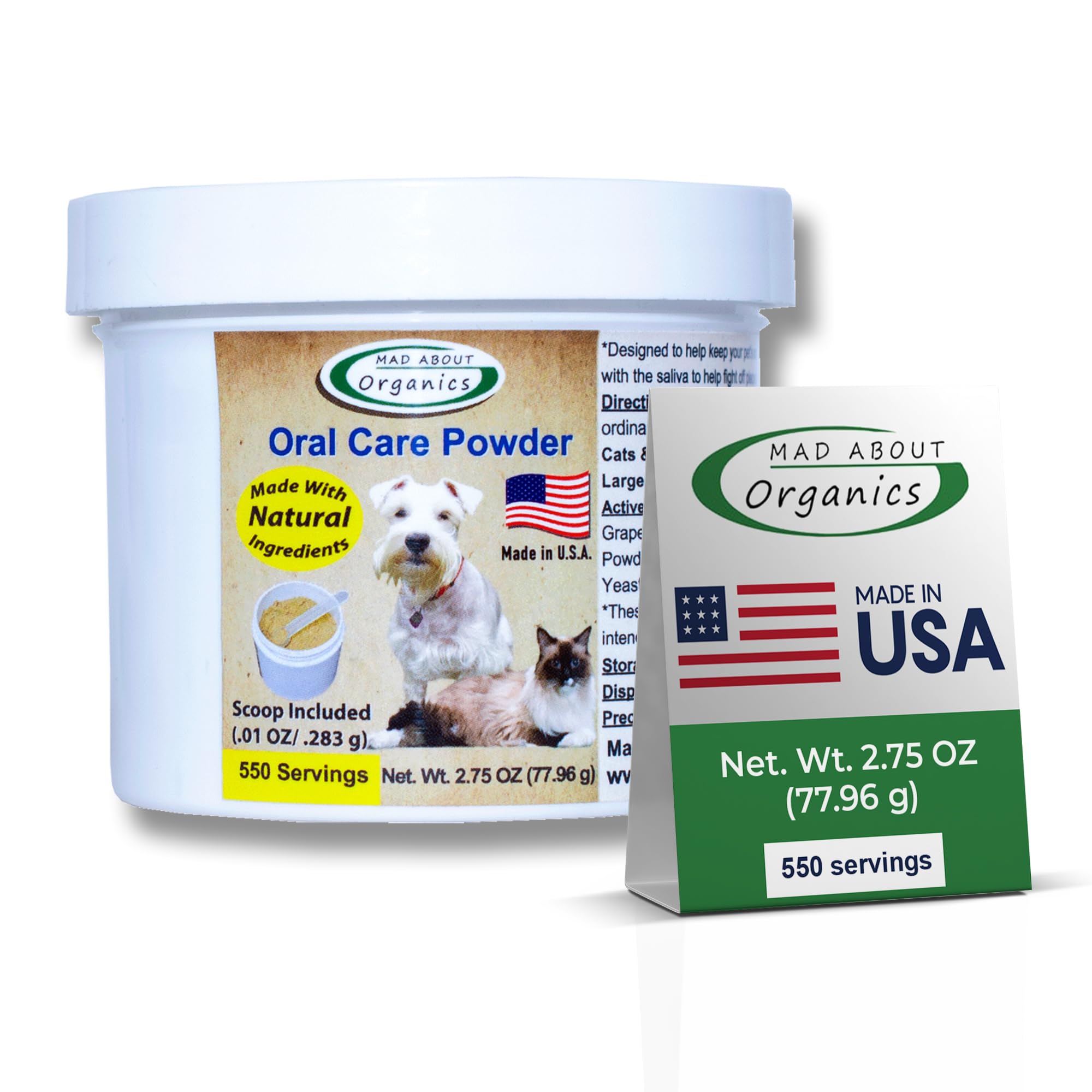 Mad About Organics Dog or Cat Oral Care Powder - Tartar and Plaque Remover, Pet Dental Cleaning Powder for Oral Hygiene and Fres