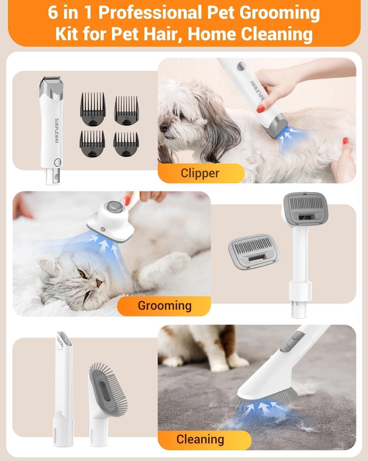 Dog Vacuum Grooming Kit For Shedding: Professional Hair Clippers Pet Groomer - Strong Suction Cleaner Deshedding Tool Fur Brush