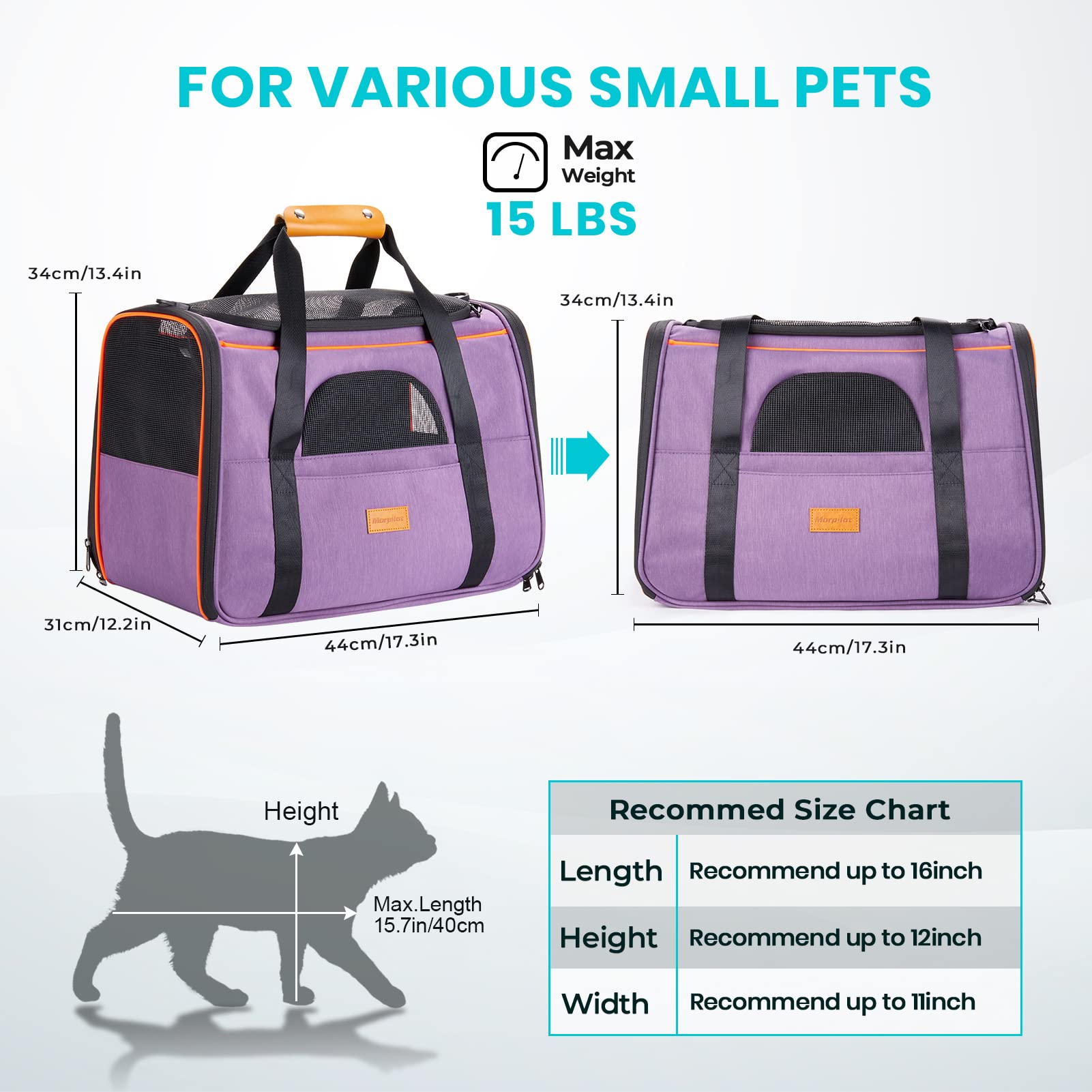 Morpilot Portable Cat Carrier - Soft Sided Cat Carrier For Medium Cats And Puppy Up To 15Lbs, Pet Carrier With Locking Safety Zi