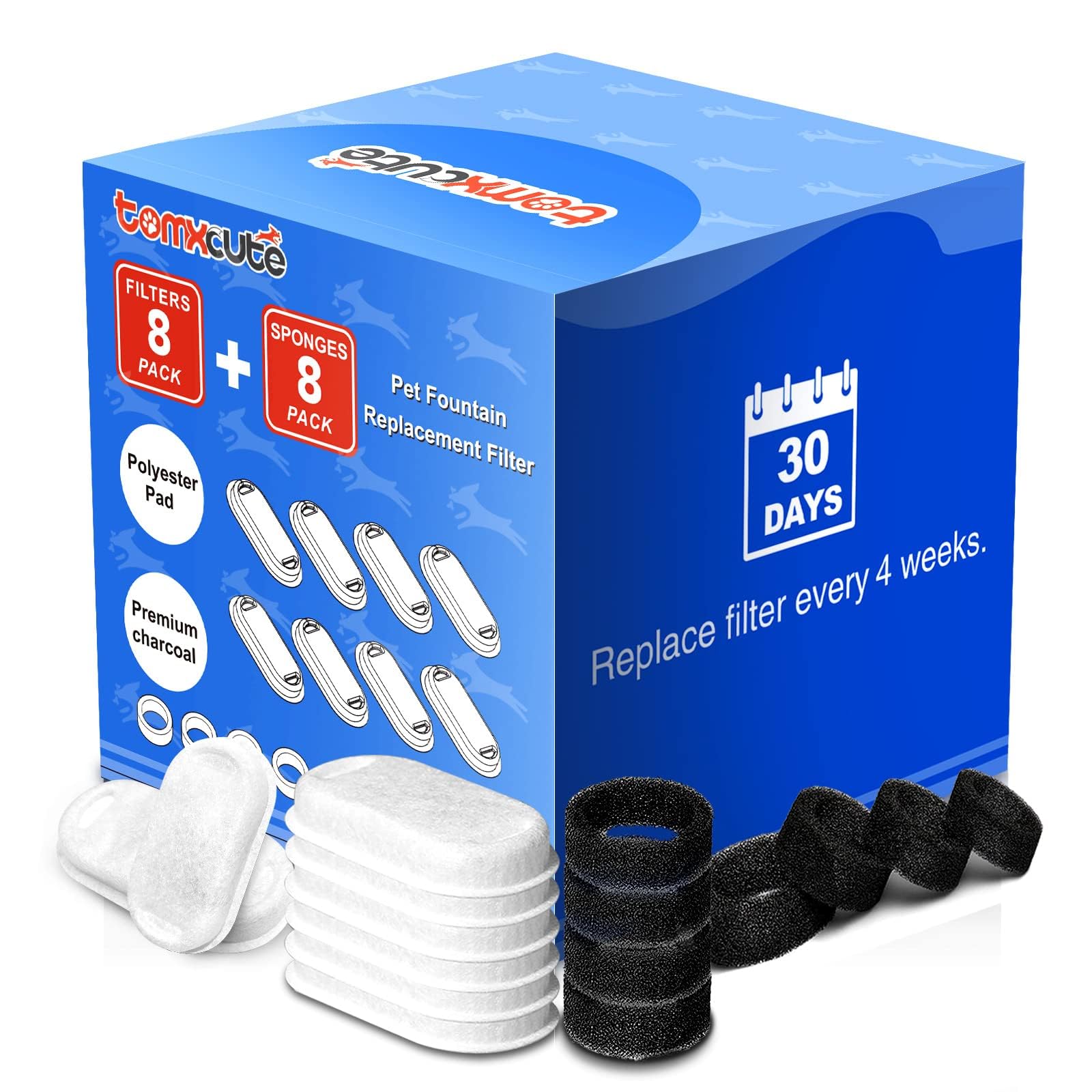 Official Replacement Filters For Tomxcute Cat Water Fountain 108Oz/3.2L And 135Oz/4.0L, 8 Pack Filters & 8 Sponges Foam Filter