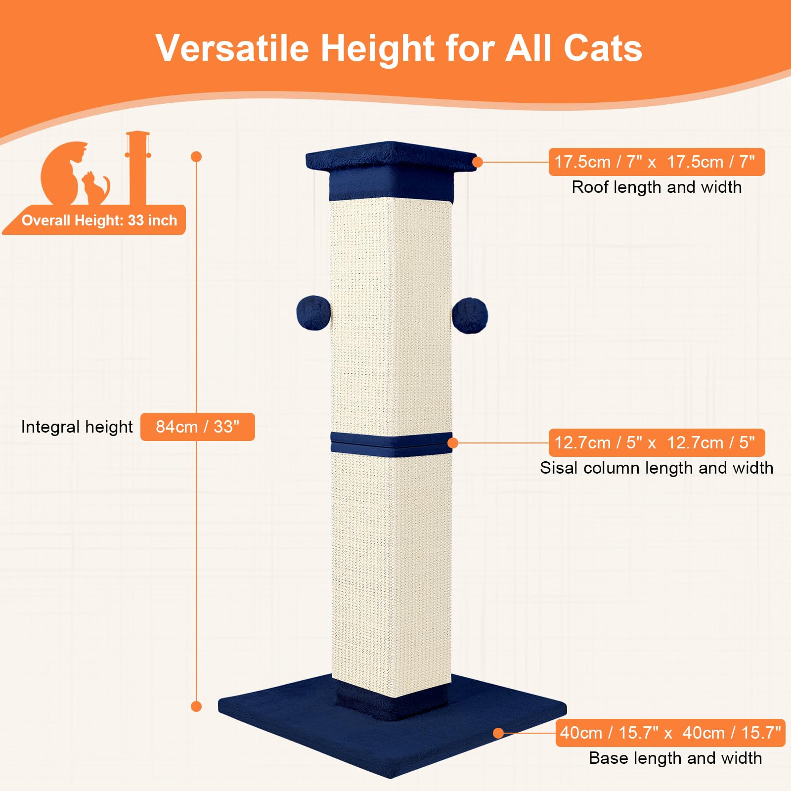 Cat Scratching Post 33 Inch Nature Sisal Cat Scratch Post For Indoor Cats, Large Cat Scratcher Protect Your Furniture, For All B